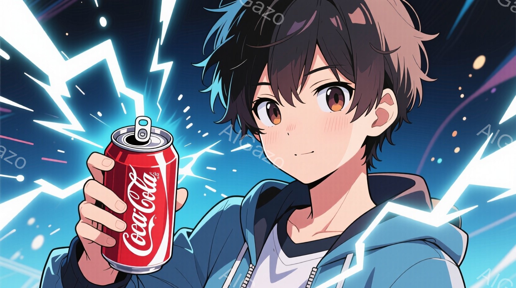 黒髪で、少しカールした前髪を持つ若い男性が描かれています。彼は青いジップアップジャケットと白いシャツを着ており、片手に赤いコカ・コーラの缶を持っています。背景には、稲妻のような光線が放射状に広がり、躍動感のある雰囲気を醸し出しています。