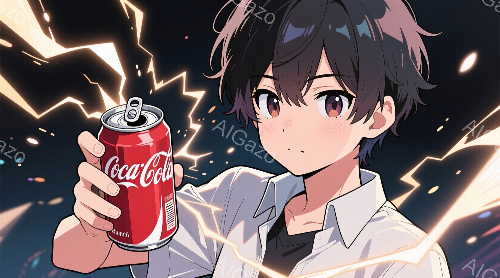 黒髪で少し癖のある髪型をした少年が、赤いコカ・コーラの缶を手に持っています。彼は白いシャツに黒いネクタイという制服のような服装で、少し頬を赤らめ、どこか照れたような表情をしています。背景には稲妻のようなエフェクトが散りばめられており、どこか躍動感と不安定さを感じさせる雰囲気です。
