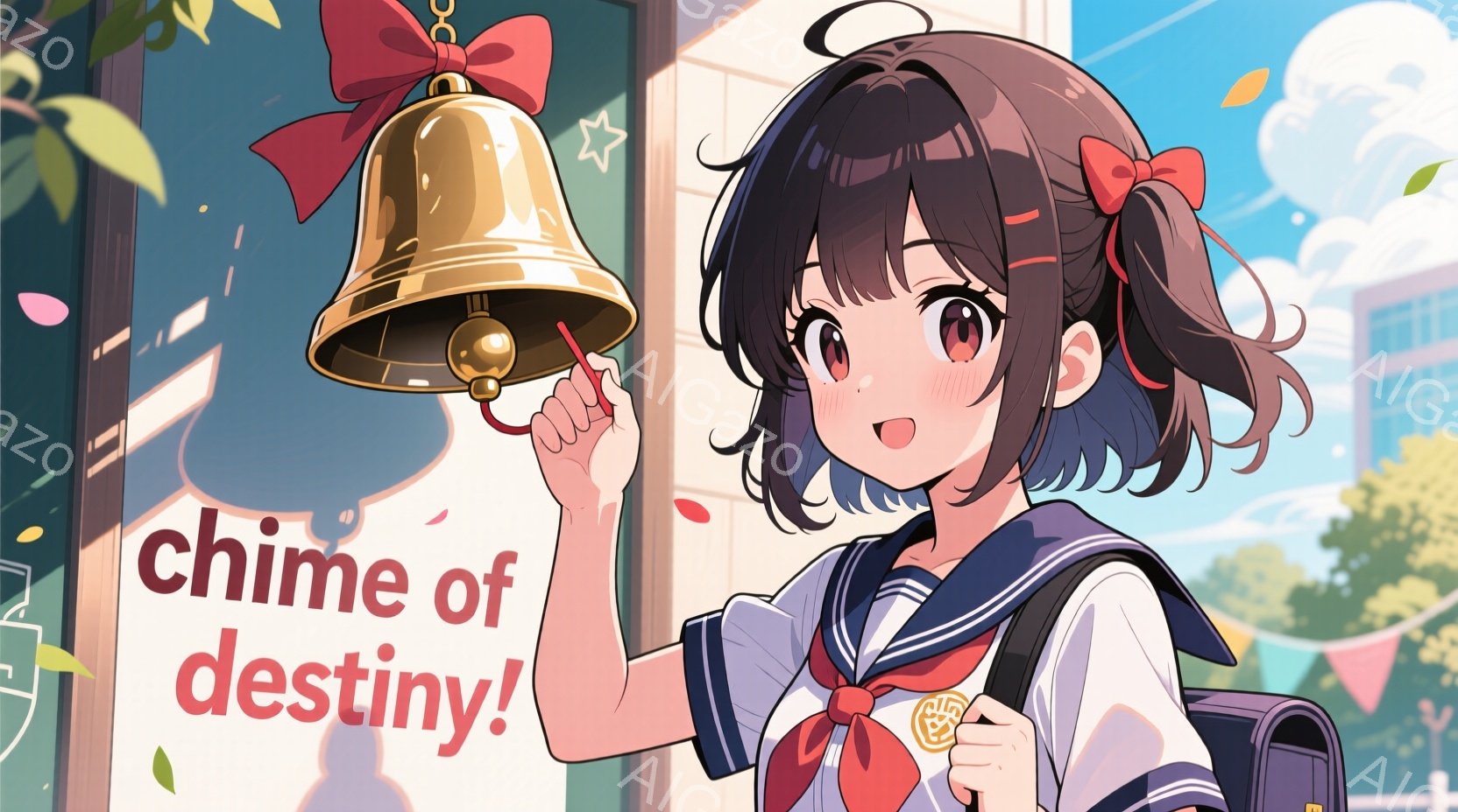 明るい茶色の巻き毛の髪に、赤いリボンをつけた少女が描かれています。彼女は制服を着て、片手に鐘を持ち、嬉しそうな表情をしています。背景には校舎や緑豊かな木々が見え、晴れた日の爽やかな雰囲気が漂っています。