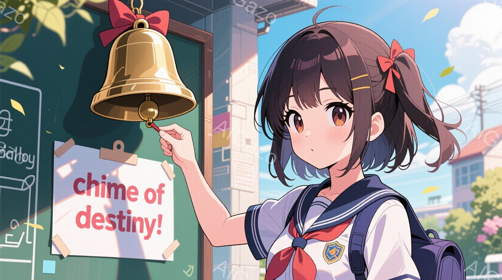 明るい日差しの中、制服を着た少女がベルを鳴らそうとしている場面です。彼女は茶色の髪をサイドテールでまとめ、明るい表情で少し上を見ている。背景には学校のような建物が見え、空は青く、白い雲が浮かんでいる穏 - AI生成フリー素材