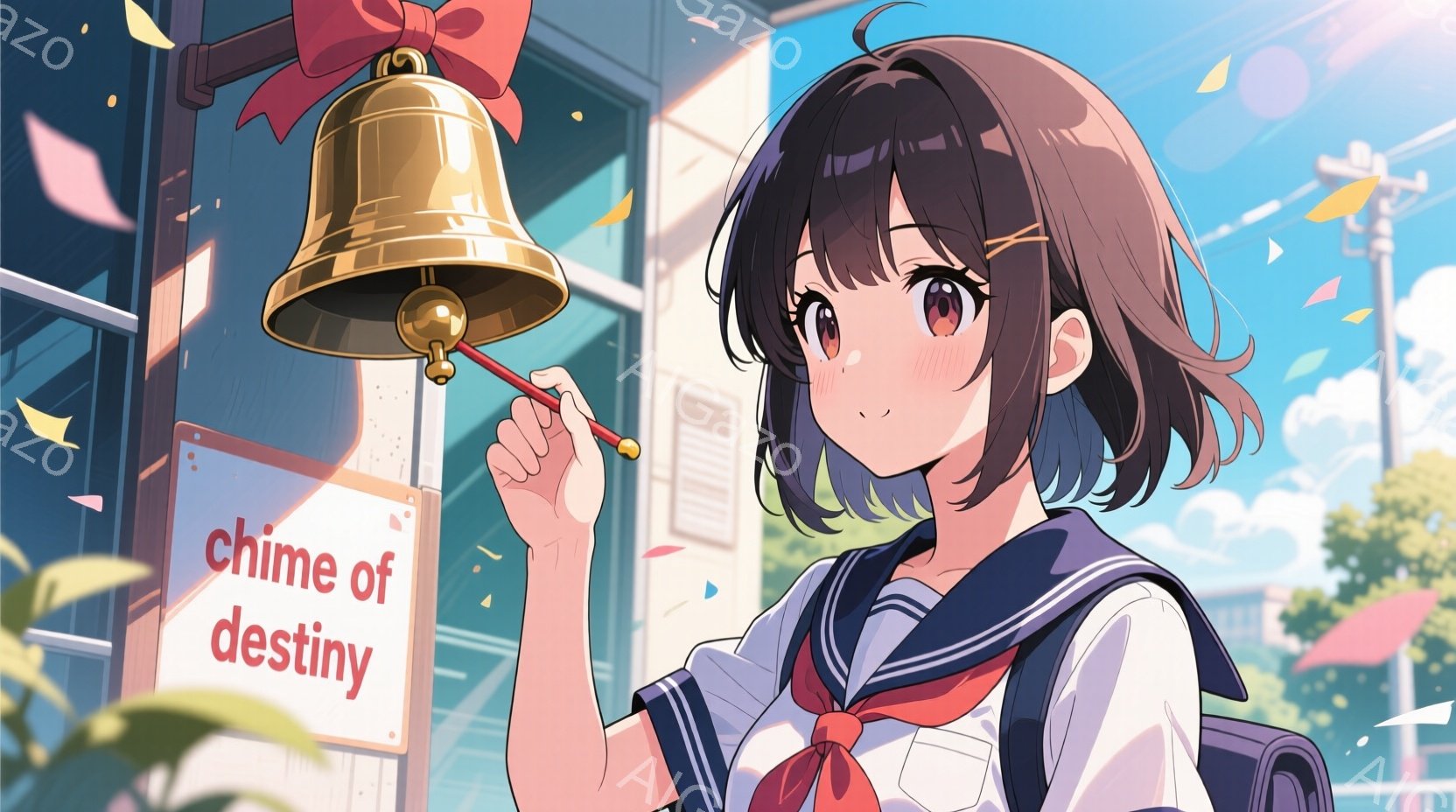 制服を着た少女が描かれています。彼女は茶色の巻き髪で、頬は少し赤らんでいます。背景には、建物と木々、そして空から舞い散る花びらが見え、明るく暖かい雰囲気です。 - AI生成フリー素材