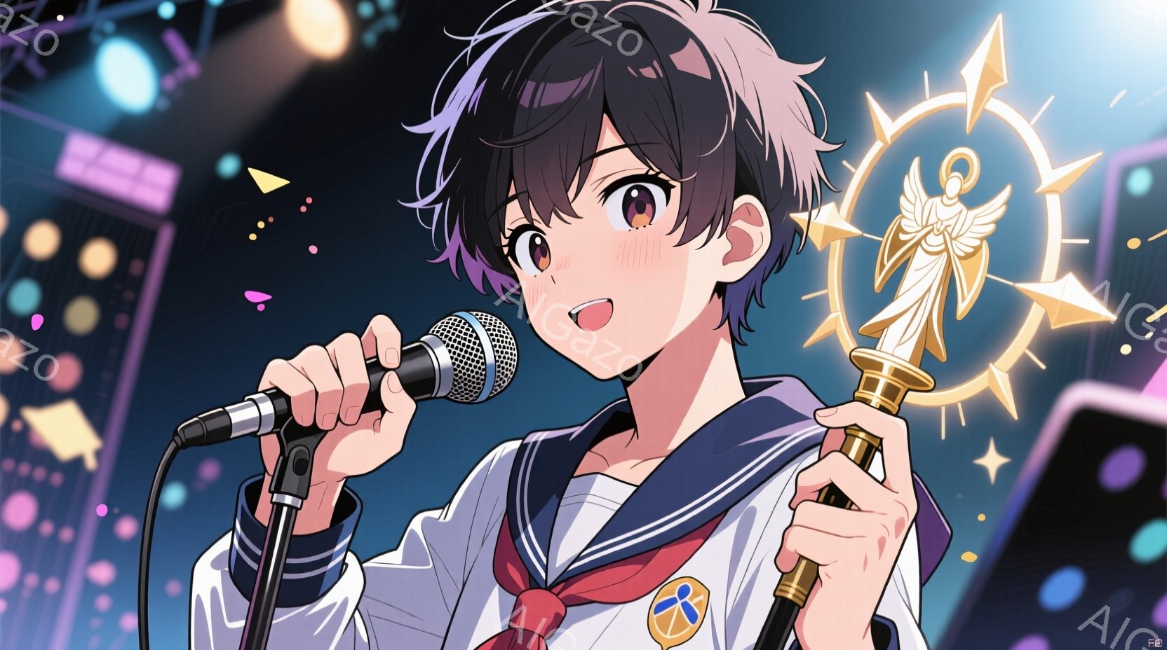 ショートカットの黒髪で、明るい笑顔を浮かべた若い男性が描かれています。セーラー服にネクタイを締め、手にマイクを持って歌っているようなポーズをとっています。背景にはステージの照明や光が輝き、キラキラとしたエフェクトと共に、活気に満ちたコンサートの雰囲気が表現されています。