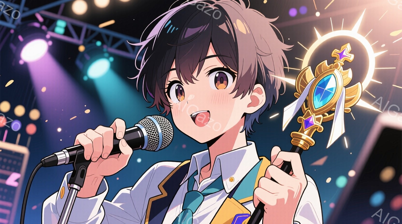 若い男性がマイクを持って歌っている様子が描かれています。彼は明るい色の制服のような服装で、ネクタイと金の装飾がついています。背景はステージで、光が輝き、熱狂的な雰囲気を醸し出しています。