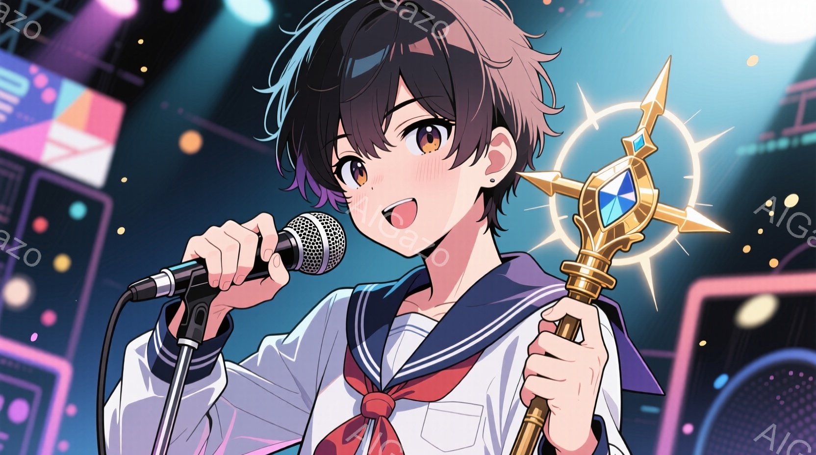 少女はセーラー服を着て、片手にマイク、もう片手に宝石が輝く金色の杖を持っています。笑顔で歌っている様子で、髪は短く、少し癖のあるスタイルです。背景にはステージの照明とぼやけた観客席が見え、コンサート会 - AI生成フリー素材