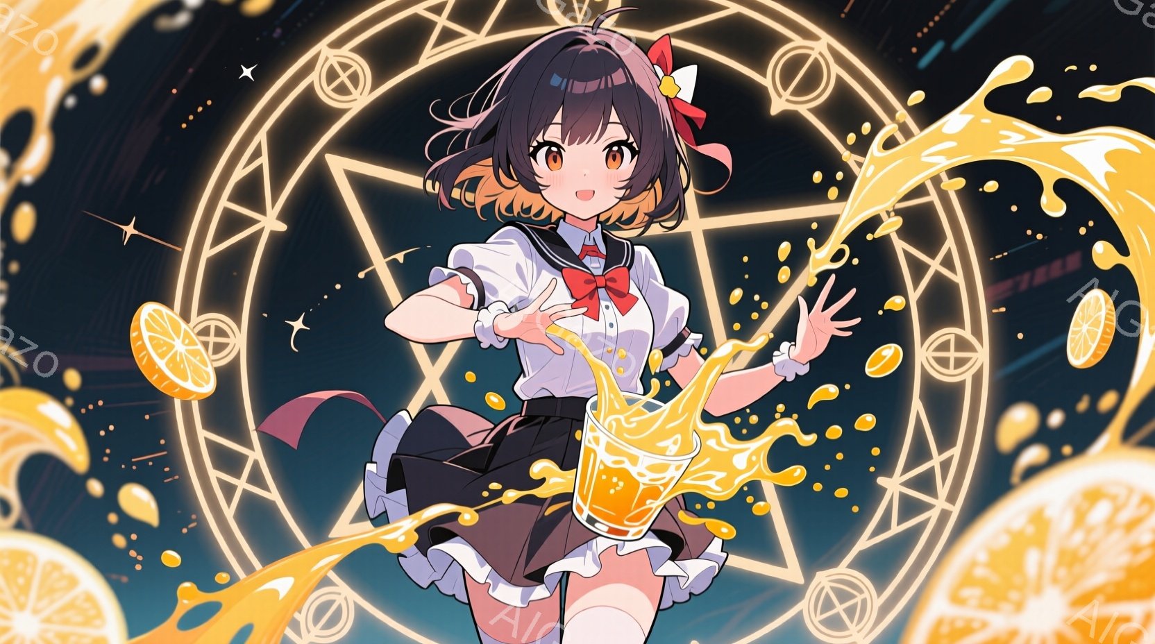 黒髪の少女がオレンジジュースが飛び散る中、左右に手を広げてポーズをとっています。彼女は白いブラウスに黒いスカート、ニーハイソックスを履いており、表情は明るく楽しそうに見えます。背景には魔法陣のような円状の模様とオレンジのスライスが浮かび、全体的に活気と遊び心のある雰囲気が漂っています。