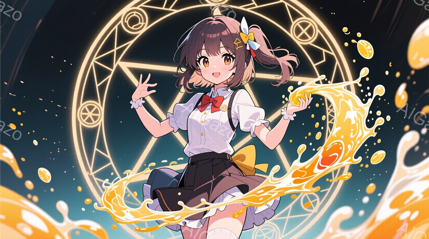 明るい茶色の髪をツインテールにした少女が描かれています。白いブラウスに黒いスカート、白地に模様の入ったニーハイソックスを着用し、両手を広げてオレンジ色の液体が飛び散る魔法陣の中心に立っています。背景は暗く、魔法陣と飛び散る液体が光り輝き、ファンタジックで活気のある雰囲気を醸し出しています。