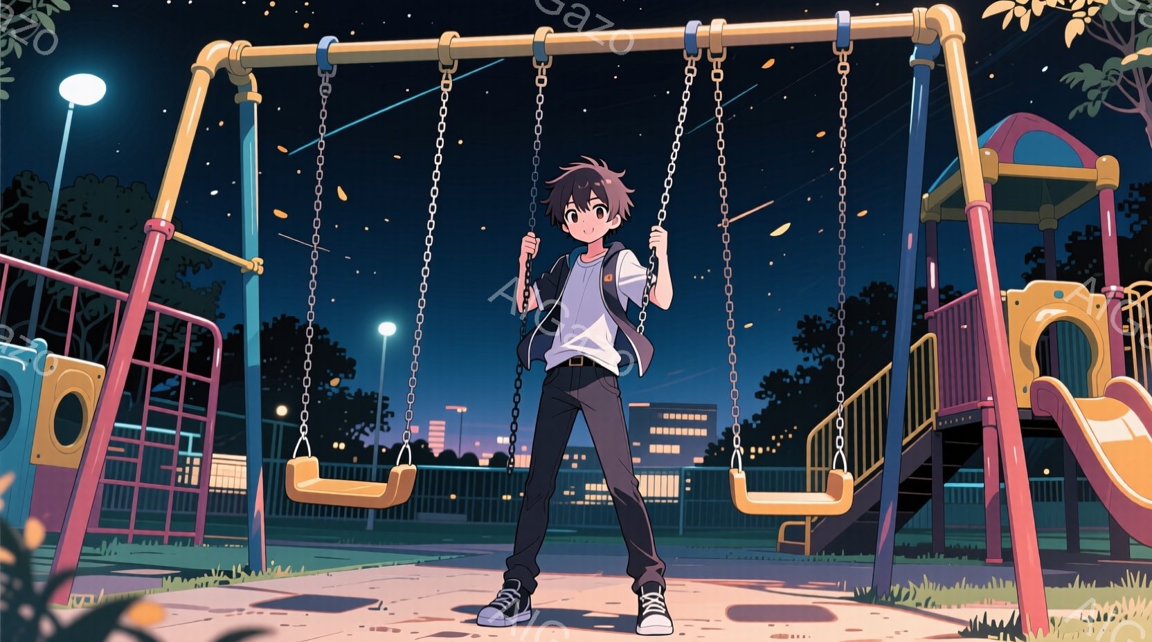 夜の公園に立つ少年が描かれています。少年は黒い髪で、Tシャツにジャケット、ジーンズ姿で、少し微笑んでいます。背景には、遠くの建物や遊具、そして星空が広がり、静かで穏やかな雰囲気を醸し出しています。 - AI生成フリー素材