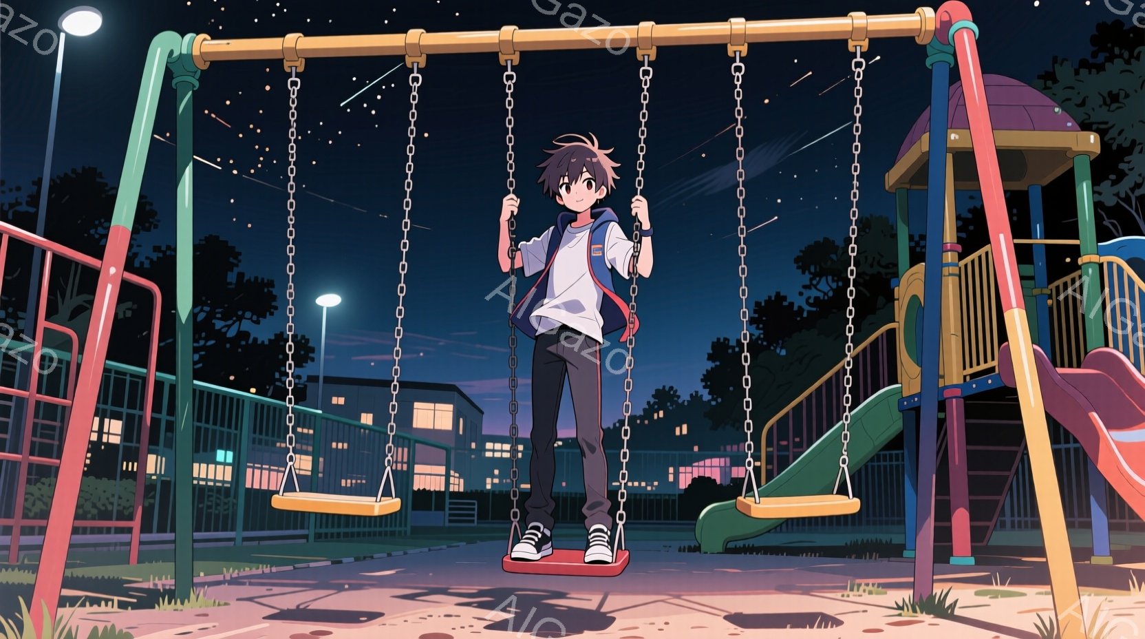 青い空と街灯が照らす遊園地で、少年がブランコに座っている。彼は黒髪で、白いシャツに紺色のジャケット、黒いズボンに白いスニーカーを履いている。背景には、薄暗い建物と木々が広がり、夜空には星が散らばり、静 - AI生成フリー素材