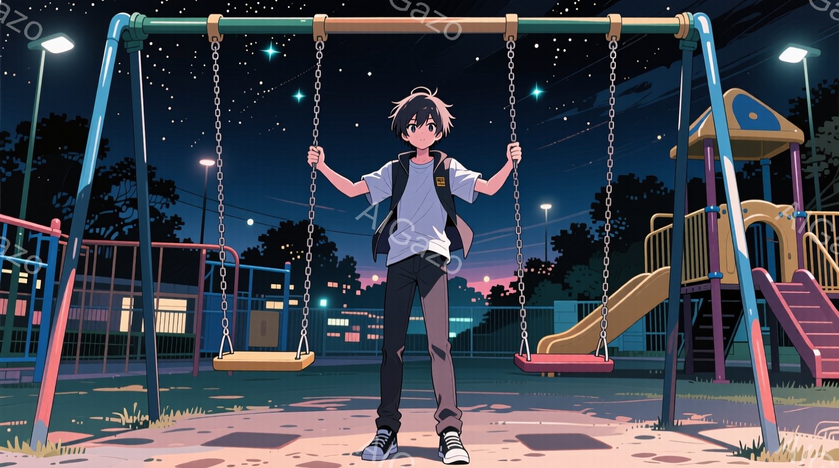 男の子は、青い空と紫色の夕焼けが広がる公園のブランコに立っています。彼は黒い髪で、赤いTシャツの上に白いジャケットを着ており、ジーンズとスニーカーを履いています。背景には、ライトが点灯した建物と遊具、そして星が散りばめられた夜空が広がっており、どこか寂しげで物静かな雰囲気が漂っています。