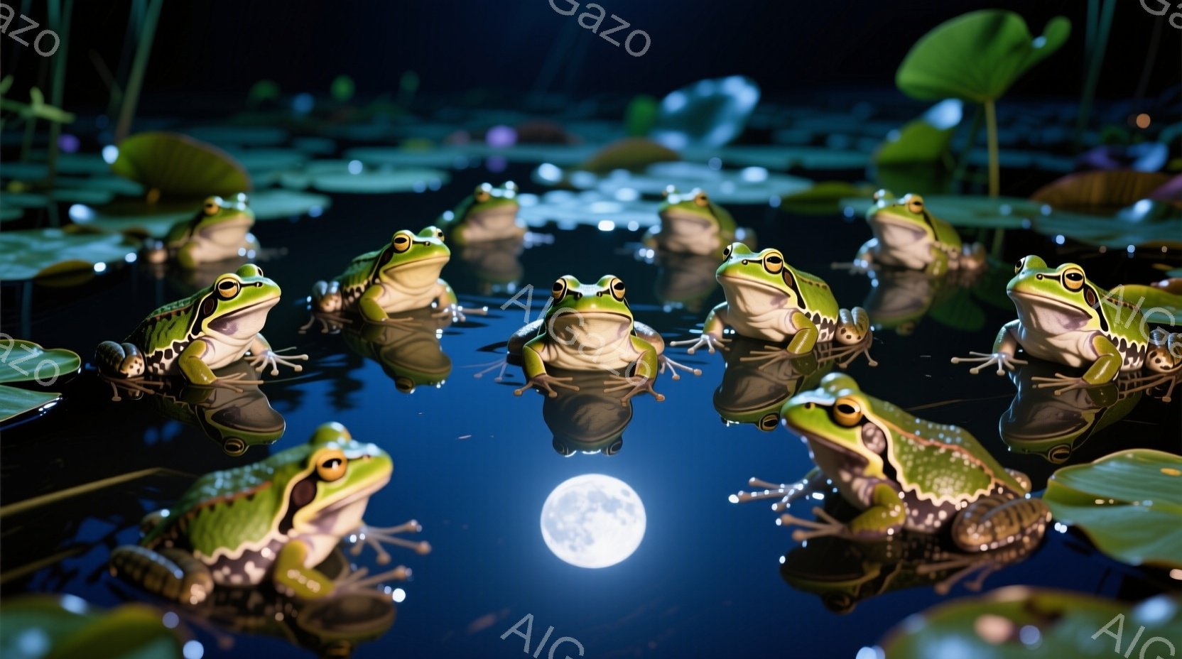 夜の池には、緑色のカエルが多数浮かんでおり、それぞれ蓮の葉の上に座っています。満月が池の水面に反射し、カエルたちを照らし出しており、静かで幻想的な雰囲気を醸し出しています。カエルたちは皆、こちらを向いており、少しユーモラスな表情を浮かべているように見えます。