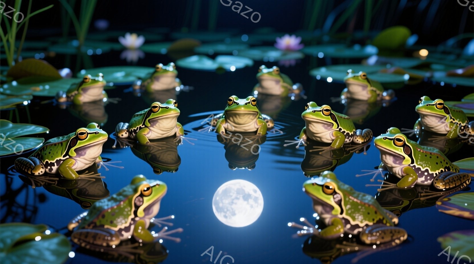 夜の池に、緑色のカエルたちが円形に並んで浮かんでいます。カエルたちは小さな帽子をかぶり、それぞれ少し異なる表情をしています。背景には満月が輝き、水面にはカエルの反射と睡蓮の花びらが浮かび、幻想的な雰囲気を醸し出しています。