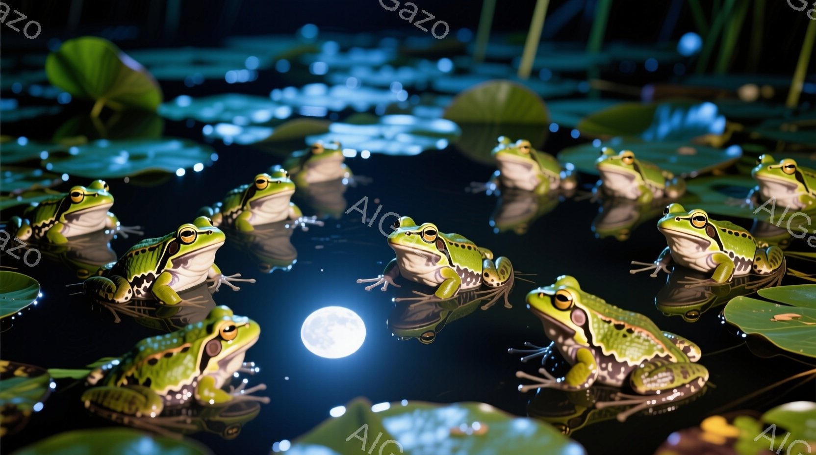 夜の池に、多くの緑色のカエルが蓮の葉の上に座っています。月明かりが水面に反射し、カエルたちを幻想的に照らし出しています。全体的に静かで神秘的な雰囲気が漂い、自然の美しさを際立たせています。