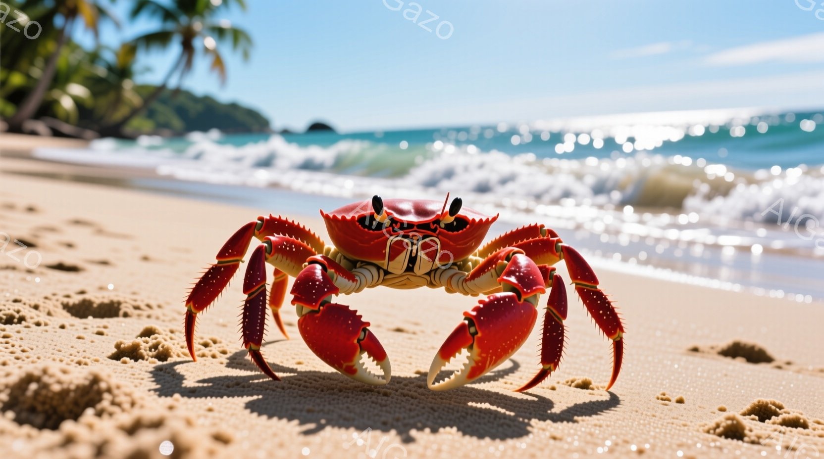 赤いカニが砂浜に正面を向いて立っており、大きなハサミを前に突き出している。背景には青い海と白い波が広がり、遠くには緑豊かな木々が見える晴れた日の風景である。全体的に、鮮やかな色彩とカニの力強い姿が印象 - AI生成フリー素材