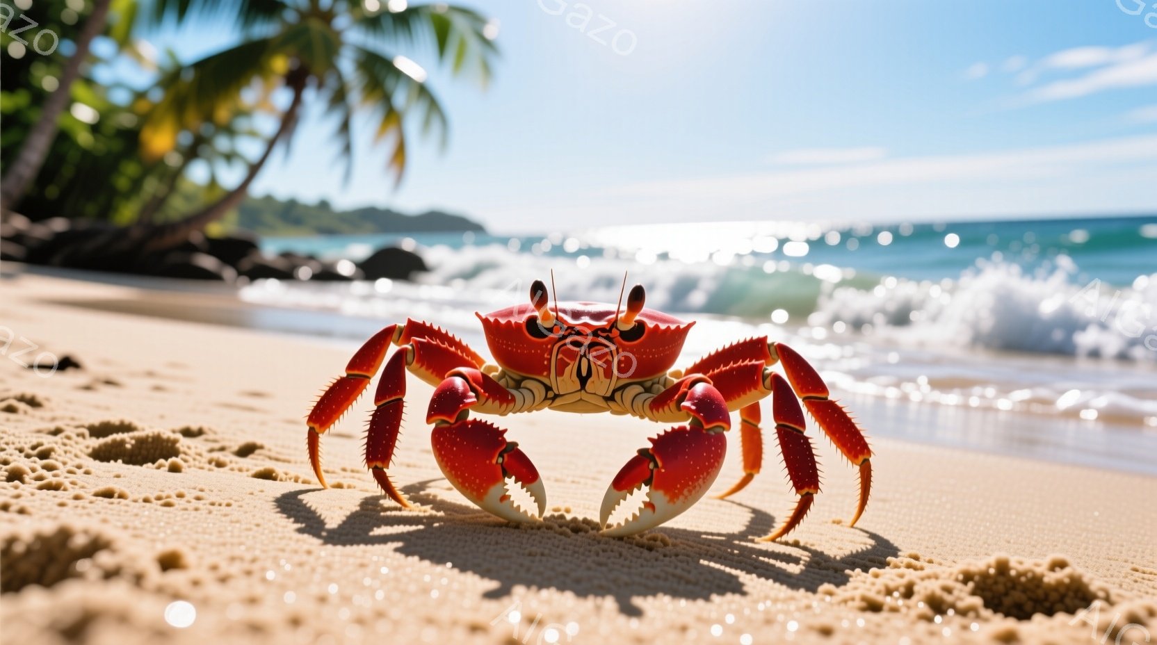 赤いカニが砂浜に正面を向いて立っており、鋭い爪を広げています。背景には青い海と白い波、そして緑の木々が生い茂る海岸線が広がっており、晴天の日の穏やかな雰囲気が漂っています。 全体的に鮮やかな色彩で、熱帯の自然の美しさを捉えた一枚です。