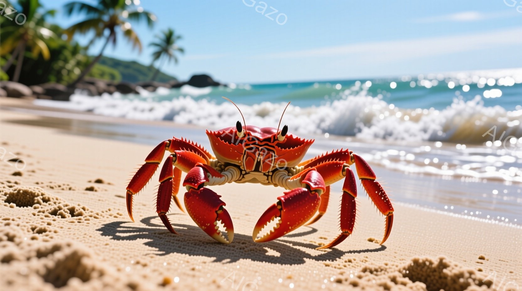 鮮やかな赤いカニが砂浜に正面を向いて立っている。背景には青い海と白い波、そしてヤシの木が生い茂る熱帯の海岸線が広がっており、晴天で穏やかな雰囲気である。カニの力強い前脚と精巧なディテールが、この熱帯の - AI生成フリー素材