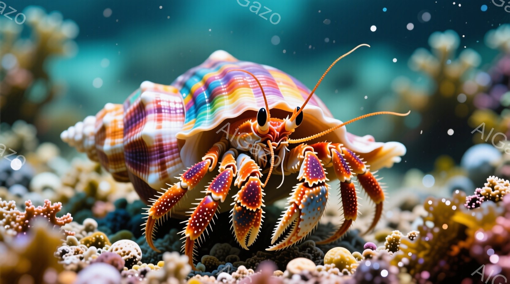 カラフルな巻き貝の中に身を隠したヤドカリが、こちらをじっと見つめています。鮮やかなオレンジ色と白色の縞模様が特徴的な脚は、岩肌の上にしっかりと固定され、警戒心と好奇心を同時に表しています。背景には、小さなサンゴ礁が密集し、水中の神秘的な雰囲気を醸し出しています。