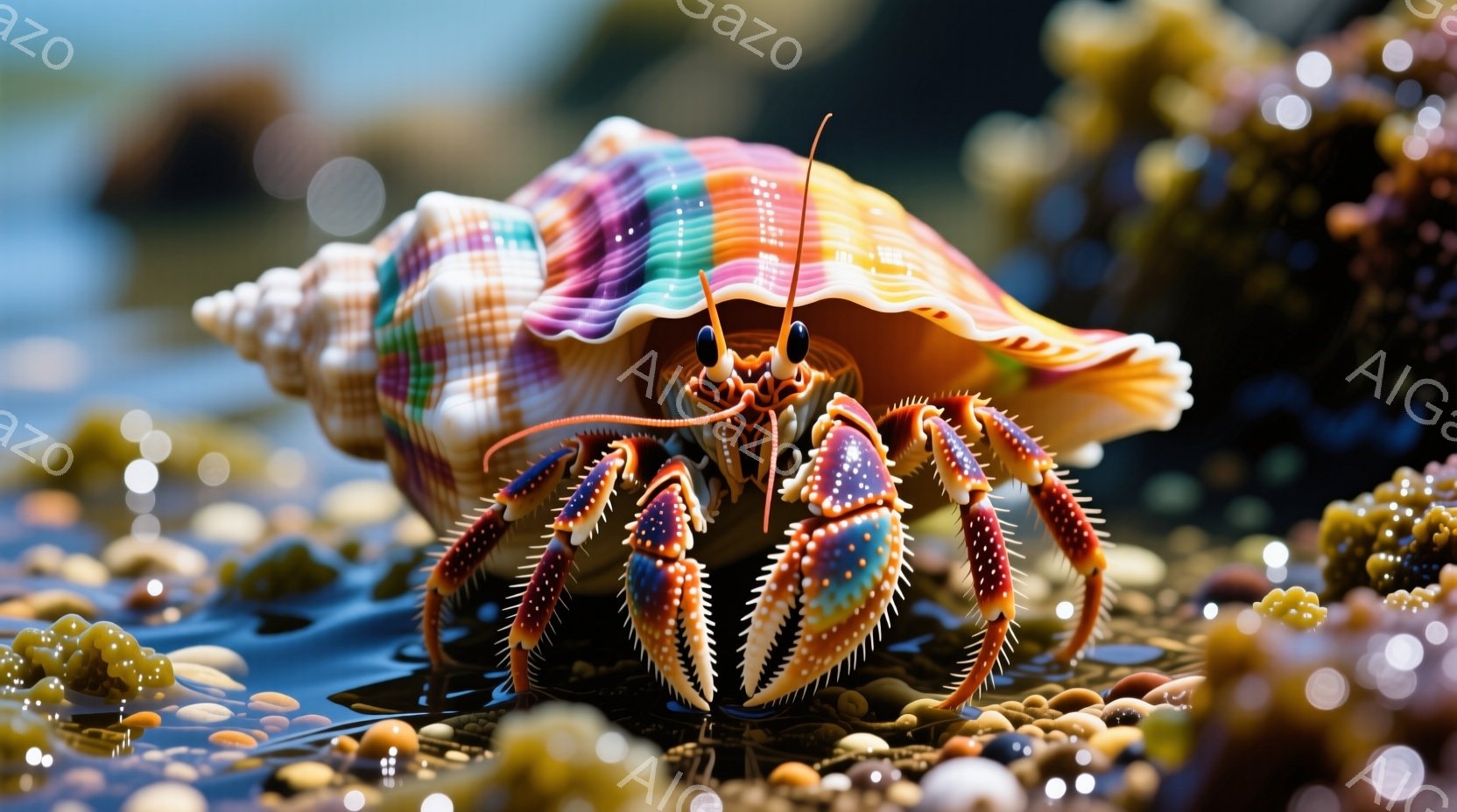 カラフルな巻き貝の中にカニが隠れており、鋭い目と鮮やかな赤い脚を前に突き出しています。背景は、小さな石と緑色の海藻で覆われた湿った海岸線で、水滴が光を反射しています。全体的に、生き生きとした色彩と躍動感があり、自然の美しさを捉えた印象を与えます。