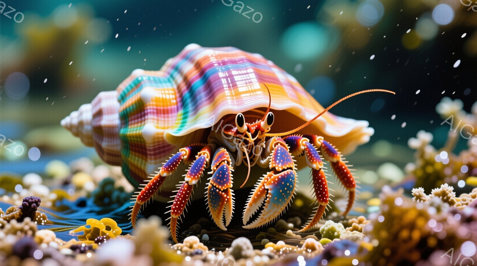 カラフルなイソギンチャクと共生している可愛らしいヤドカリが描かれています。ヤドカリは鮮やかなオレンジ色と青色の脚を持ち、鋭い爪が特徴的です。背景には、色とりどりの珊瑚礁が広がっており、水中の穏やかな雰囲気を醸し出しています。