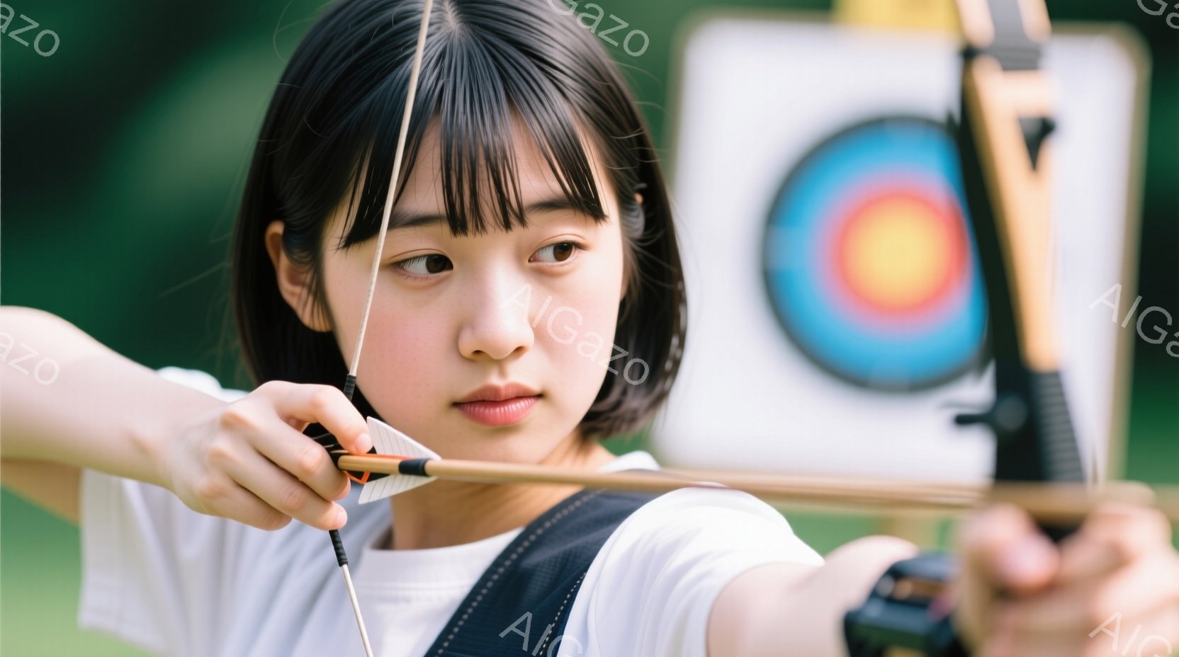 若い女性が弓を持ち、矢を引いている姿が写っている。彼女は白いTシャツと紺色のベストを着ており、短く切り揃えられた黒髪が特徴的だ。背景にはターゲットと緑豊かな自然が広がり、集中した表情で競技に臨んでいる様子が伝わる。