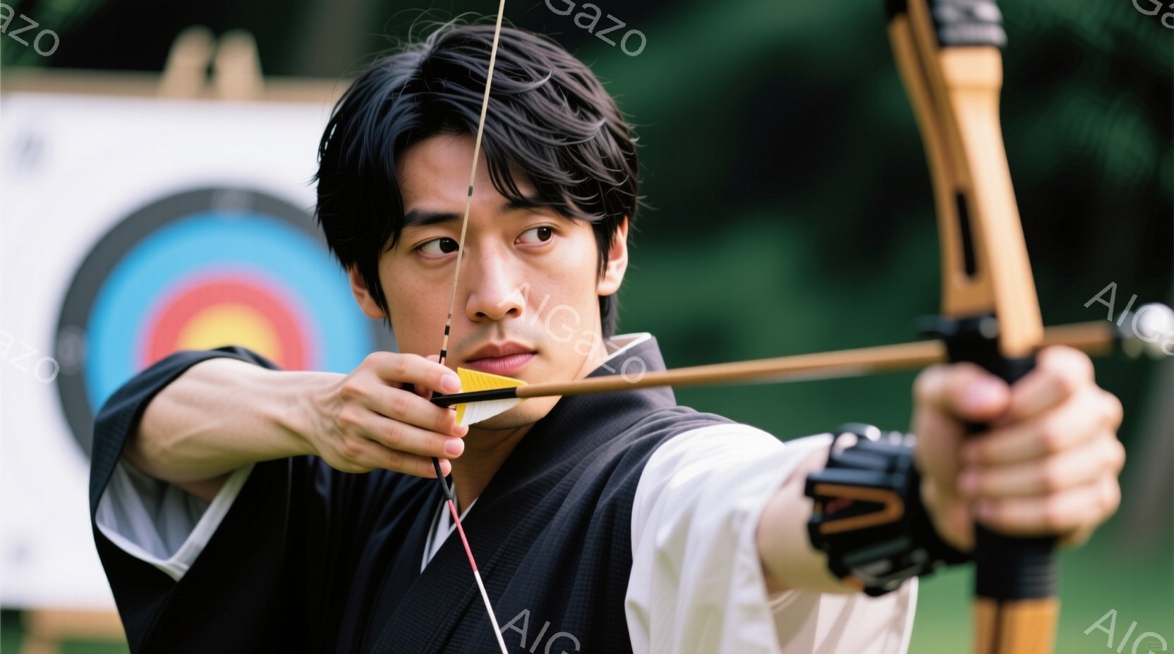 濃い髪を無造作に下ろした男性が、弓矢の構えを取っている。彼は白い着物の上に黒い羽織を羽織り、集中した表情で矢を引き絞っている。背景にはターゲットの的と緑豊かな自然が見え、晴れた日の屋外での弓道の練習風景を表している。