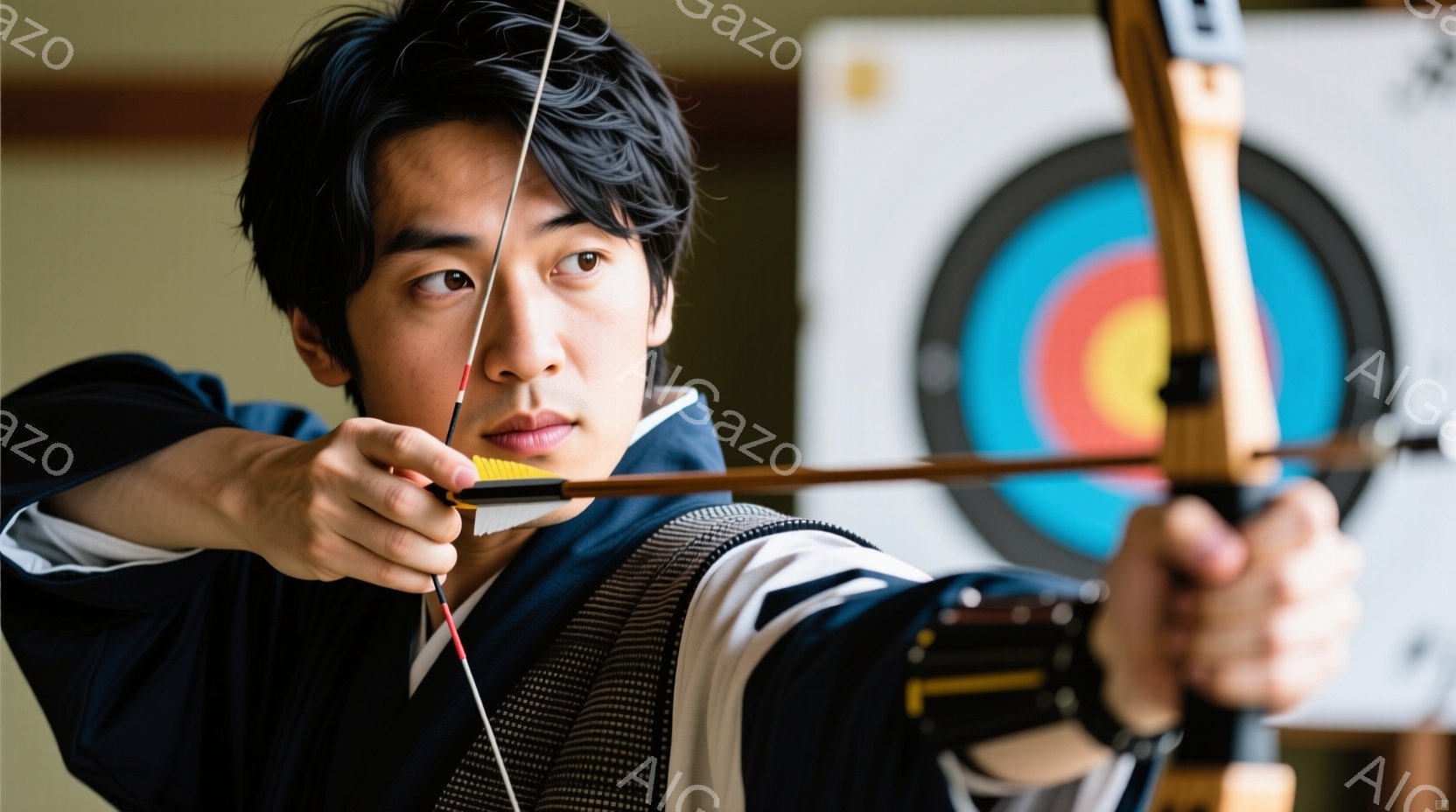 若い男性が弓矢を持って構えている姿が写っている。彼は藍色の着物のような服装をしており、髪は短く整えられている。背景には矢靶があり、室内で競技を行っている様子が窺える。