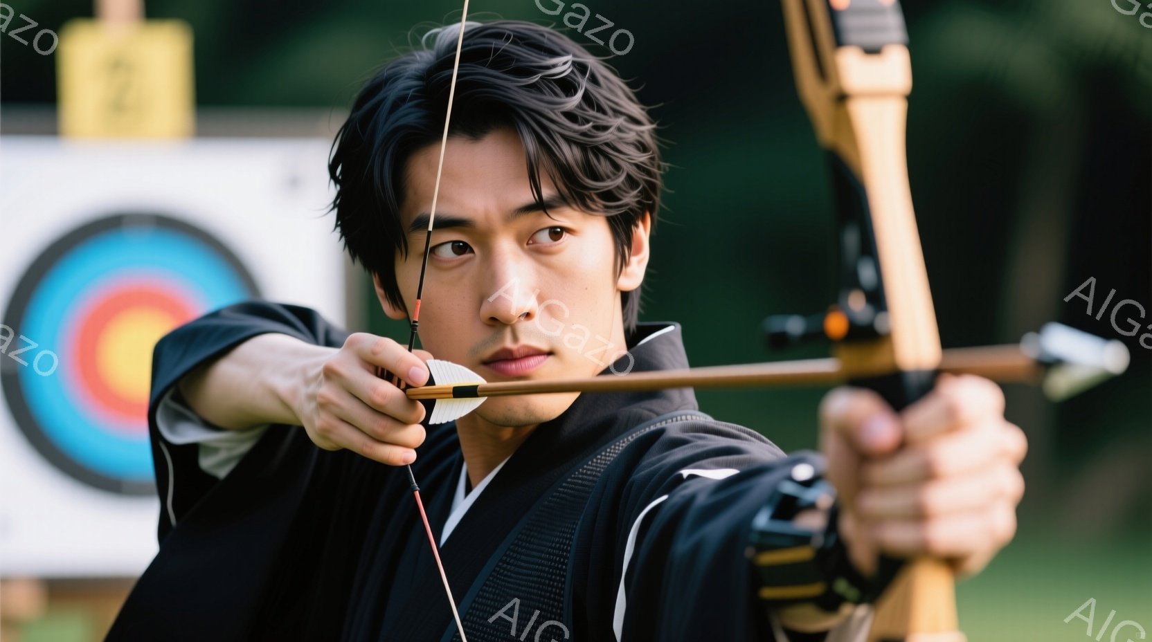 弓を構える若い男性のクローズアップです。彼は黒い着物のような服を着ており、髪は短く整えられています。表情は真剣で集中しており、標的を狙っている様子がうかがえます。