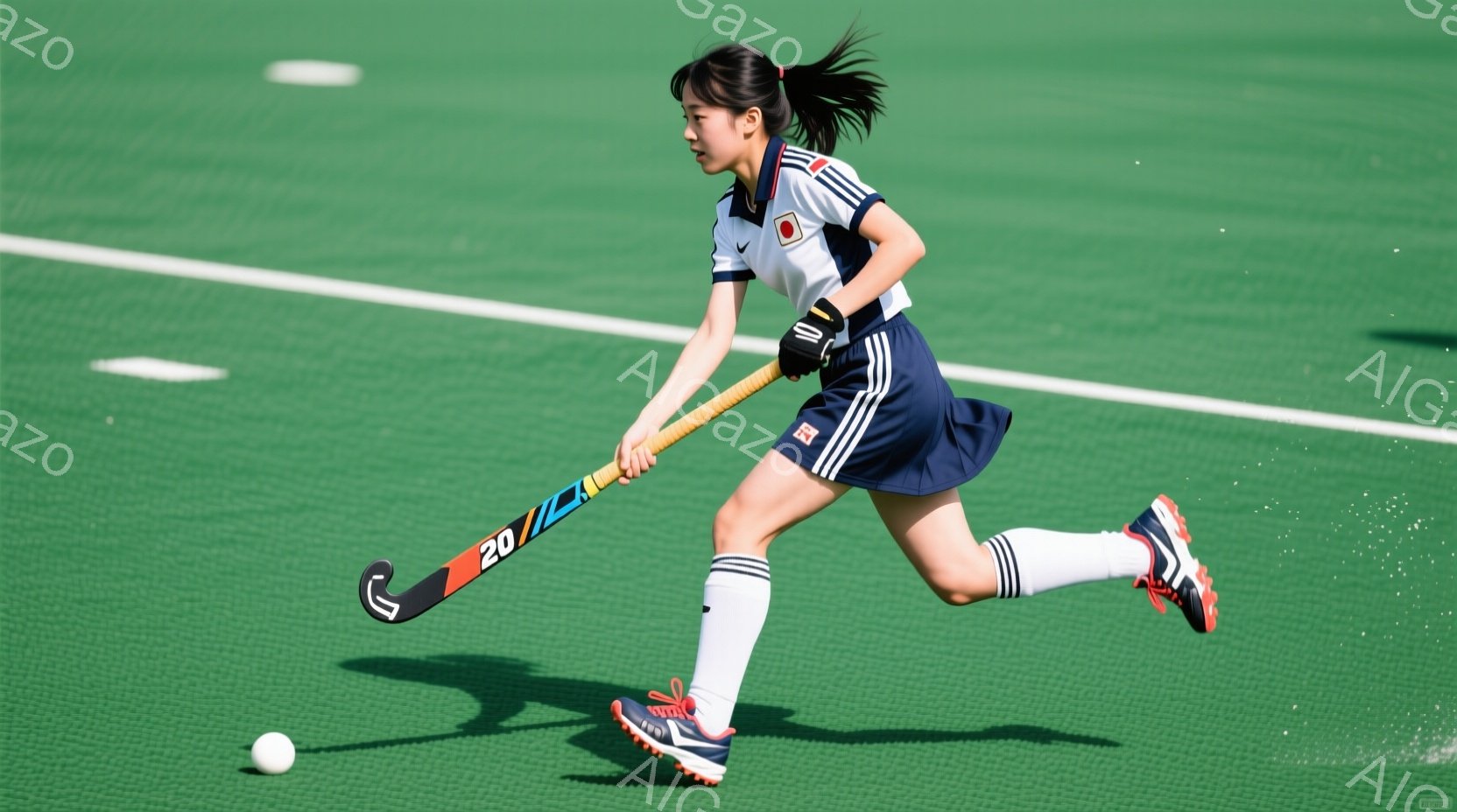 緑色の芝生の上を、紺色のユニフォームと白いソックスを身につけた若い女性がホッケーのスティックを構えながら走っている。彼女は髪を高くポニーテールにしており、集中した表情でボールを見つめている。背景は鮮や - AI生成フリー素材