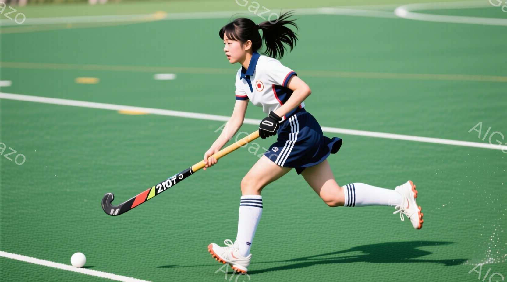 緑のフィールドホッケー場を疾走する若い女性アスリートを示しています。彼女は白を基調としたユニフォームにネイビーブルーのスカート、白いソックス、そしてピンクと白のスポーツシューズを着用し、髪はポニーテールに結ばれています。彼女はホッケーのスティックを握り、ボールを追いかけながら力強く走っており、集中した表情で競技に臨んでいる様子が伝わります。