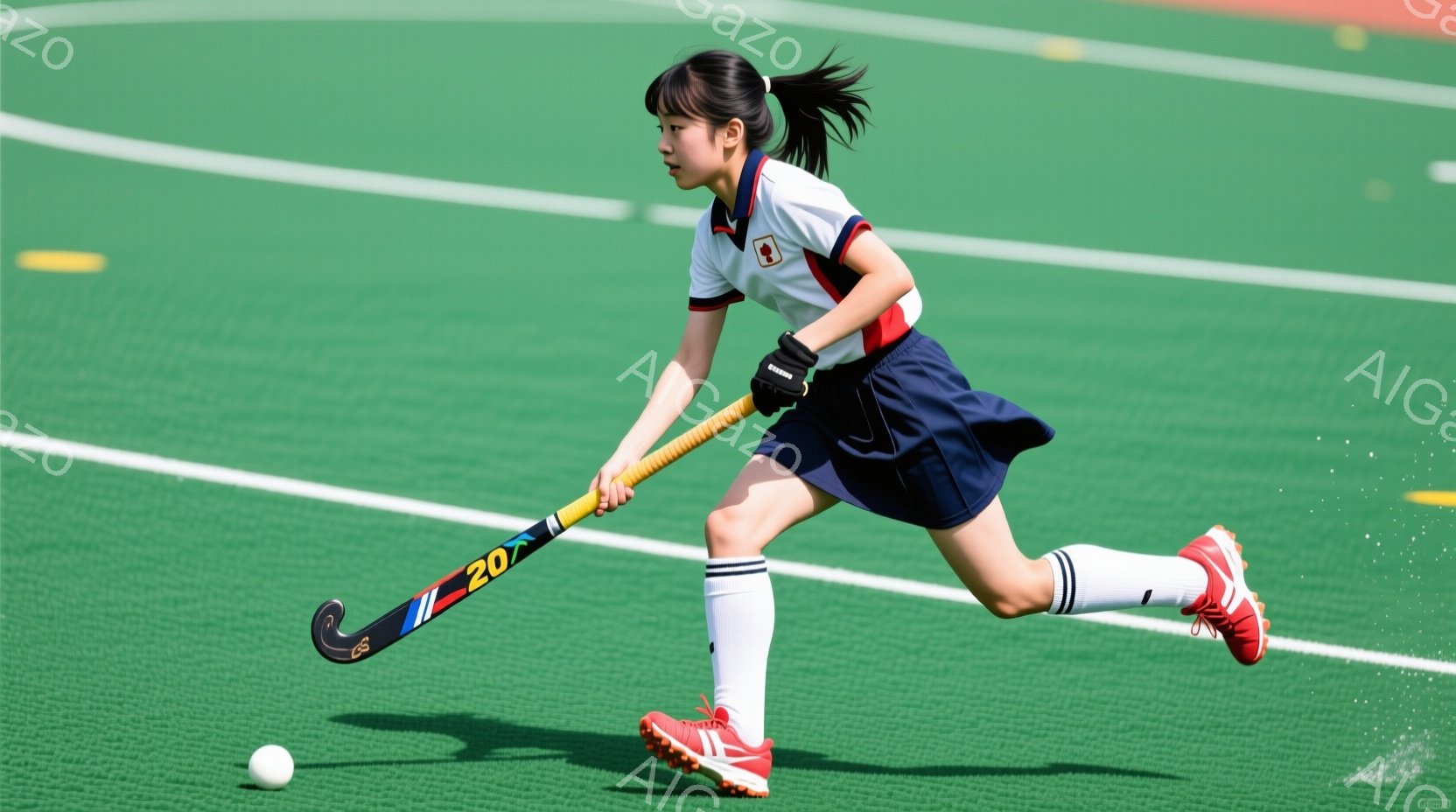 緑の芝生の上を、紺色のスカートと白いポロシャツを着た若い女性がホッケーのスティックを振りかざして走っている。彼女は長い黒髪をポニーテールにし、集中した表情でボールを追いかけている。背景は鮮やかな緑色で - AI生成フリー素材