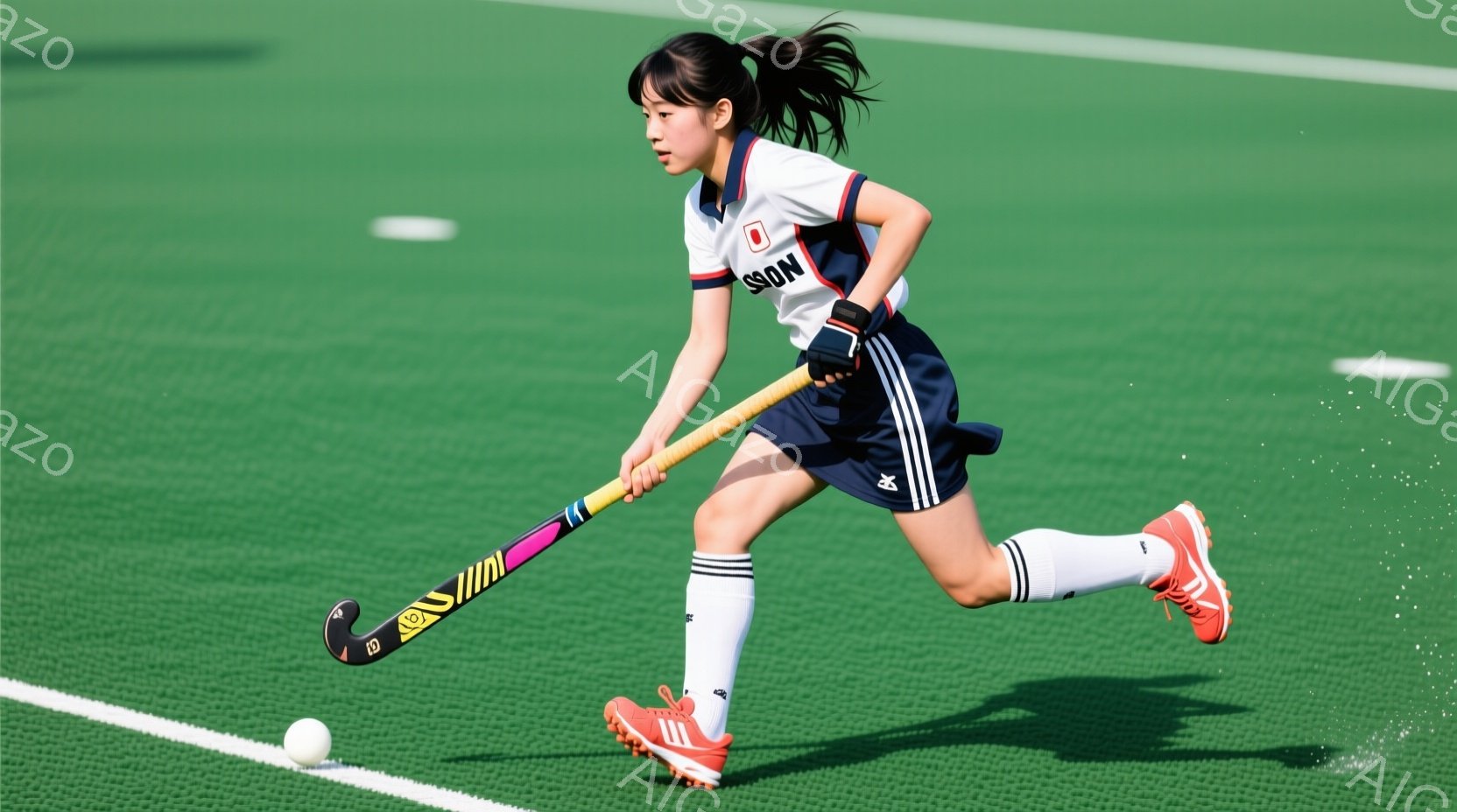 画像は緑のフィールドホッケーのピッチでプレーする若い女性選手を捉えています。彼女は白いシャツに濃い紺色のショートパンツ、白い靴下とオレンジ色のスニーカーを着用し、髪は高いポニーテールに結ばれています。彼女はホッケーのスティックを振り、ボールを打ち込むように走っており、集中した表情で競技に臨んでいます。