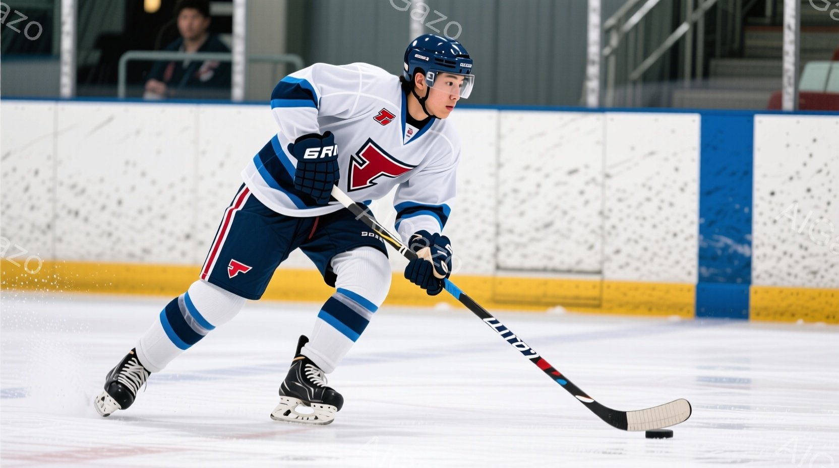 アイスホッケー選手がリンク上でプレーしている様子が写っている。青と白を基調としたユニフォームを着用し、ヘルメットを被っている。選手は左手にスティックを持ち、集中した表情で前方に視線を向けている。