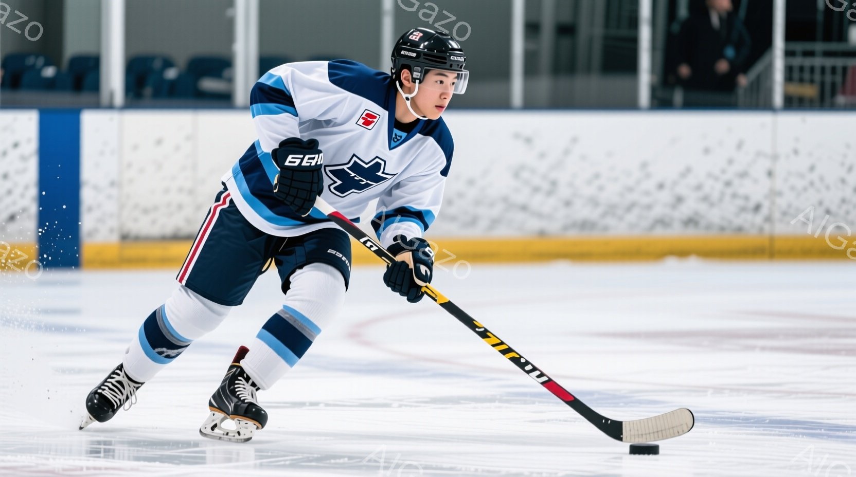 アイスホッケー選手がリンク上でプレーしている様子が写っています。紺色と白を基調としたユニフォームを着用し、ヘルメットを被っています。選手は前かがみの姿勢でスティックを握り、スピードに乗って氷上を滑走しており、集中した表情でプレーに臨んでいる様子が伝わります。