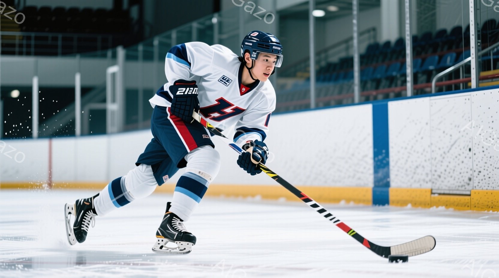 白いアイスホッケーのユニフォームを着た若い男性が、リンクの上でスケーティングをしている。彼は黒いヘルメットとグローブを着用し、集中した表情でスティックを握っている。背景には観客席が見え、リンク全体が明るく照らされている。