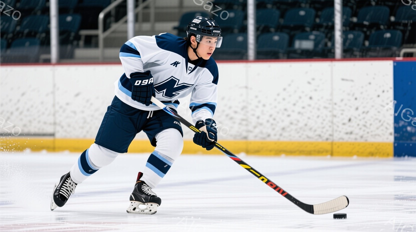 アイスホッケー選手が氷上を滑走している様子が写っている。紺色と水色のユニフォームを着用し、ヘルメットを被っている。選手は前傾姿勢で、スティックを構え、集中した表情でプレーに臨んでいる。