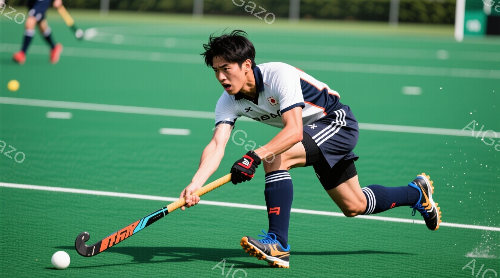 ホッケーの選手が緑色のフィールドでプレーしている様子が写っている。彼は白と紺色のユニフォーム、黒い髪、集中した表情で、ホッケーのボールをスティックで打ち込もうとしている。背景には他の選手と緑豊かな自然が見え、晴天の下で活気あるスポーツの瞬間を捉えている。