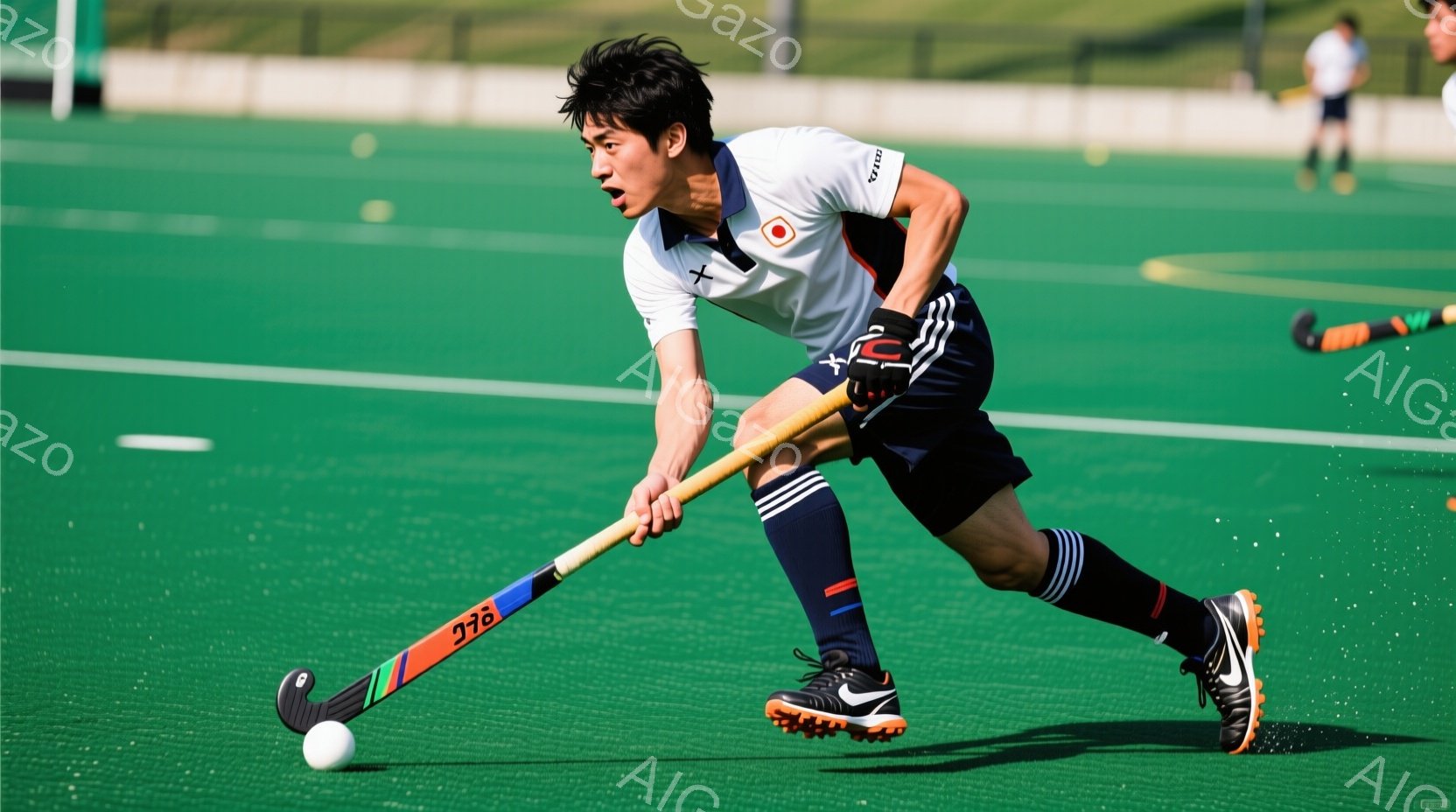 若い男性が緑色の芝生の上でホッケーをしている様子が写っている。白と紺のストライプが入ったユニフォーム、黒い髪、集中した表情をしている。背景には建物が見え、晴れた日の屋外での活動の様子が伺える。