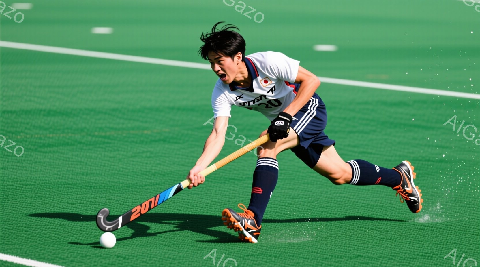緑色の芝生の上でホッケー選手がプレーしている様子が写っている。白地に青のラインが入ったユニフォームとソックスを着用し、黒髪を短くまとめている。選手はホッケーのボールを打とうとする姿勢で、集中した表情をしている。