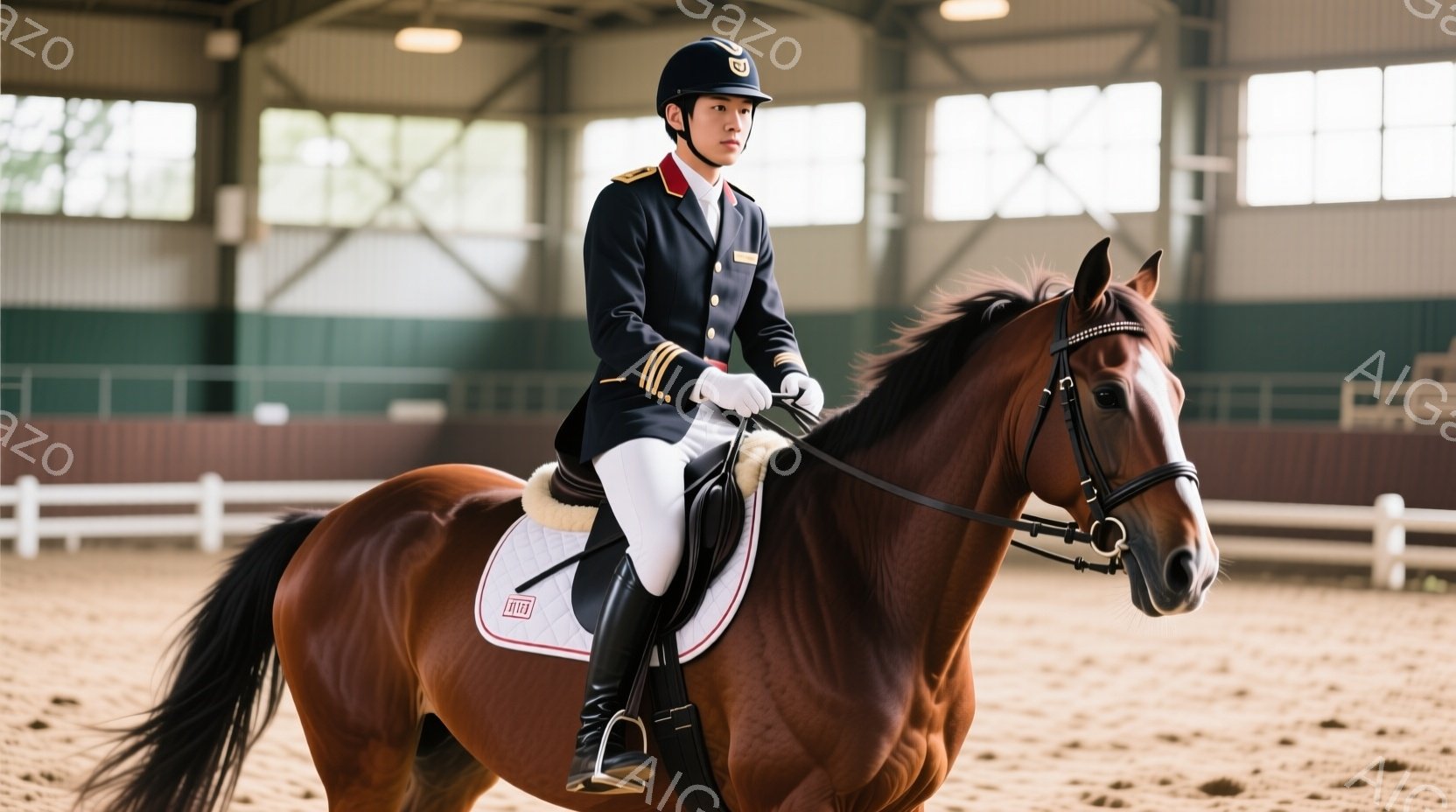 栗色の馬に乗った男性が写っている。彼は黒いジャケット、白いズボン、そして乗馬用のヘルメットを着用し、整然とした姿勢で馬にまたがっている。背景は屋内乗馬施設で、砂地の地面と白い柵が見え、全体的に落ち着いた雰囲気である。