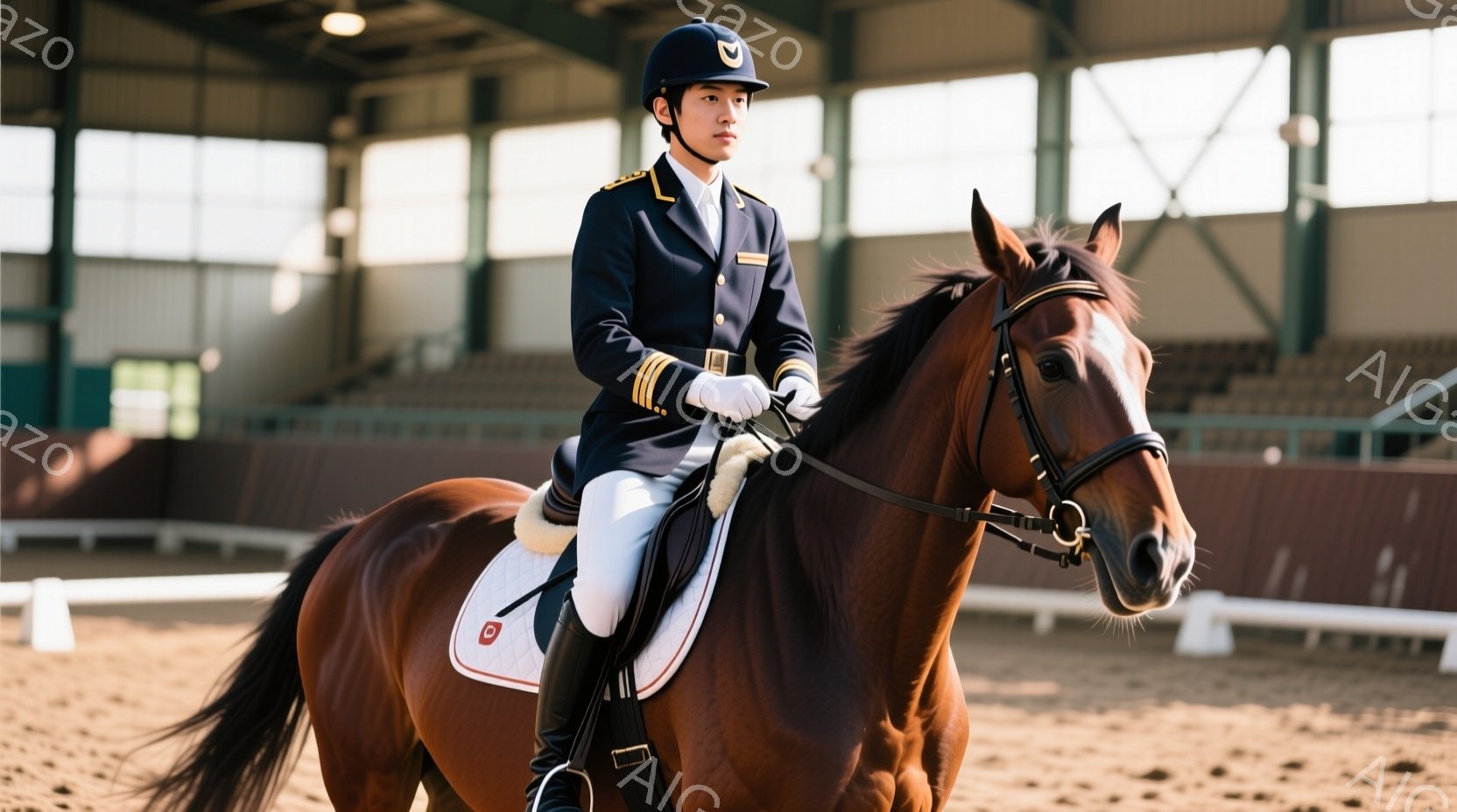 栗色の馬に乗った男性は、紺色のジャケットと白いズボンという乗馬服を身に着けている。彼は白い手袋をはめ、頭には黒い乗馬帽をかぶり、表情は真剣で姿勢はまっすぐである。背景は屋内乗馬施設で、土の地面と観客席が見え、全体的に落ち着いた雰囲気である。