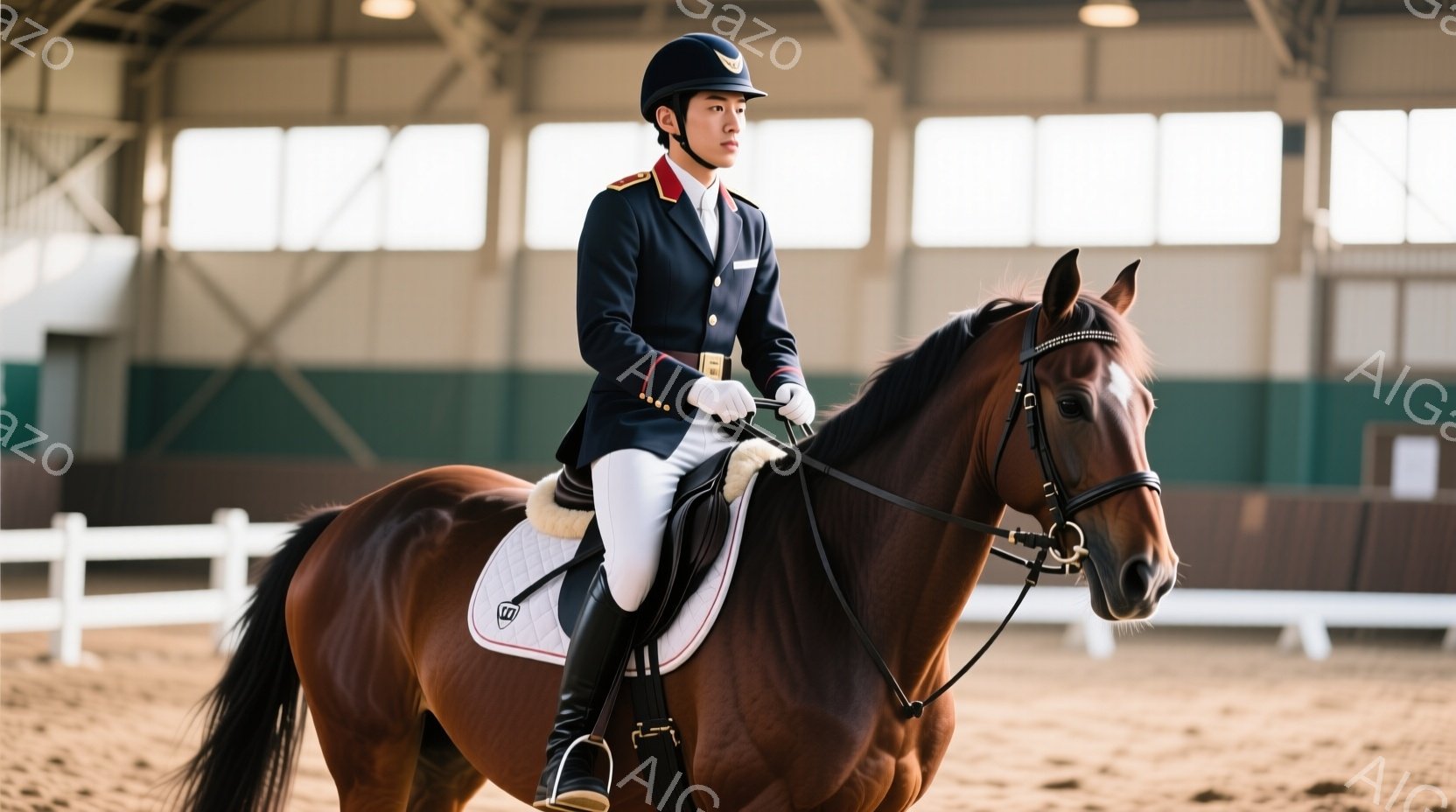 見事な栗毛の馬に乗った男性が描かれている。彼は紺色のテーラードジャケット、白いズボン、黒いブーツという乗馬服を身につけており、整った髪型にヘルメットを着用している。背景は屋内乗馬施設で、明るい照明の下、馬は砂地のコースを歩いているように見える。