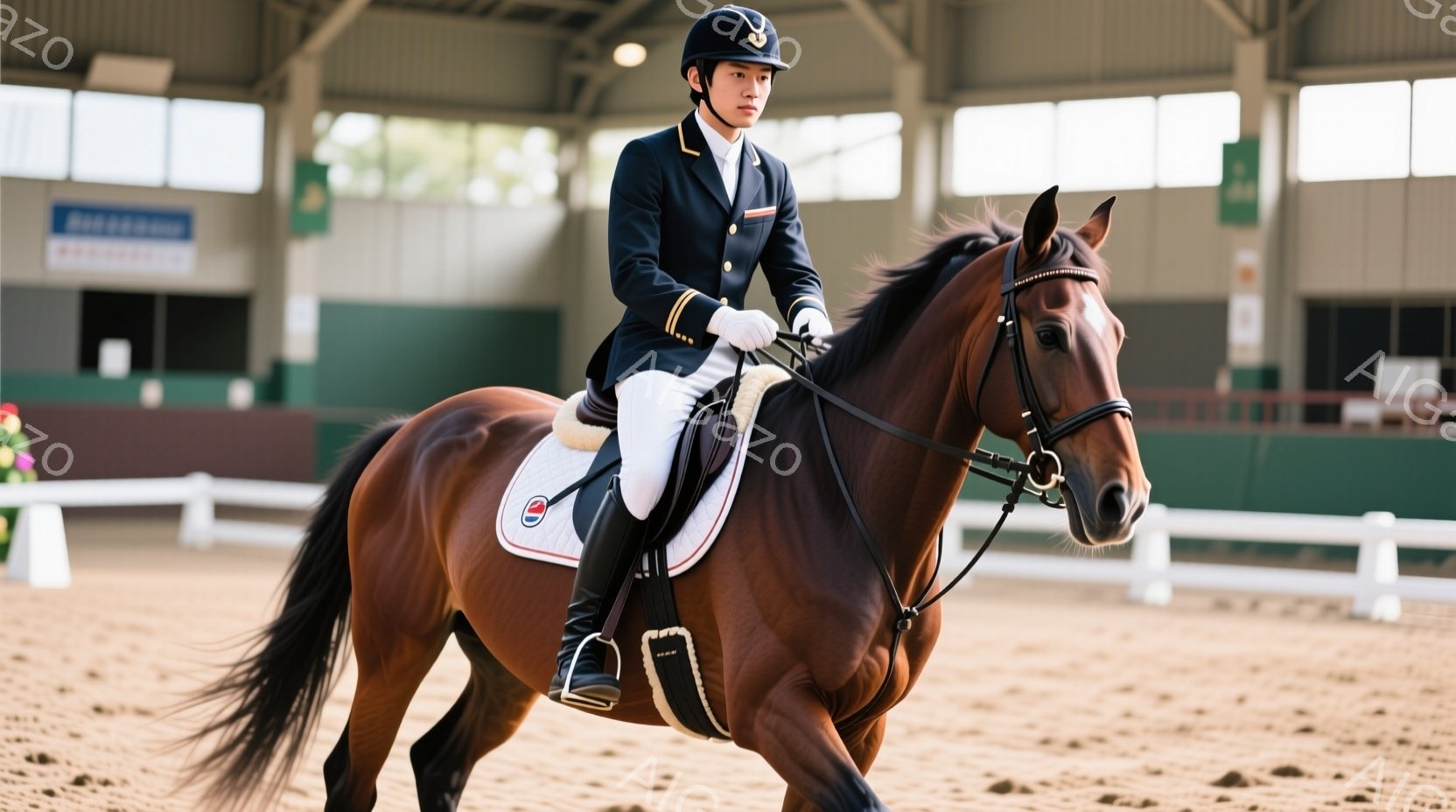 栗色の馬に乗った男性が競技場で描かれている。彼は黒いジャケットに白のズボン、そして帽子を身に着け、競技に適した服装をしている。馬とライダーは共に前進しており、集中した表情と姿勢で競技に臨んでいる様子が伝わる。