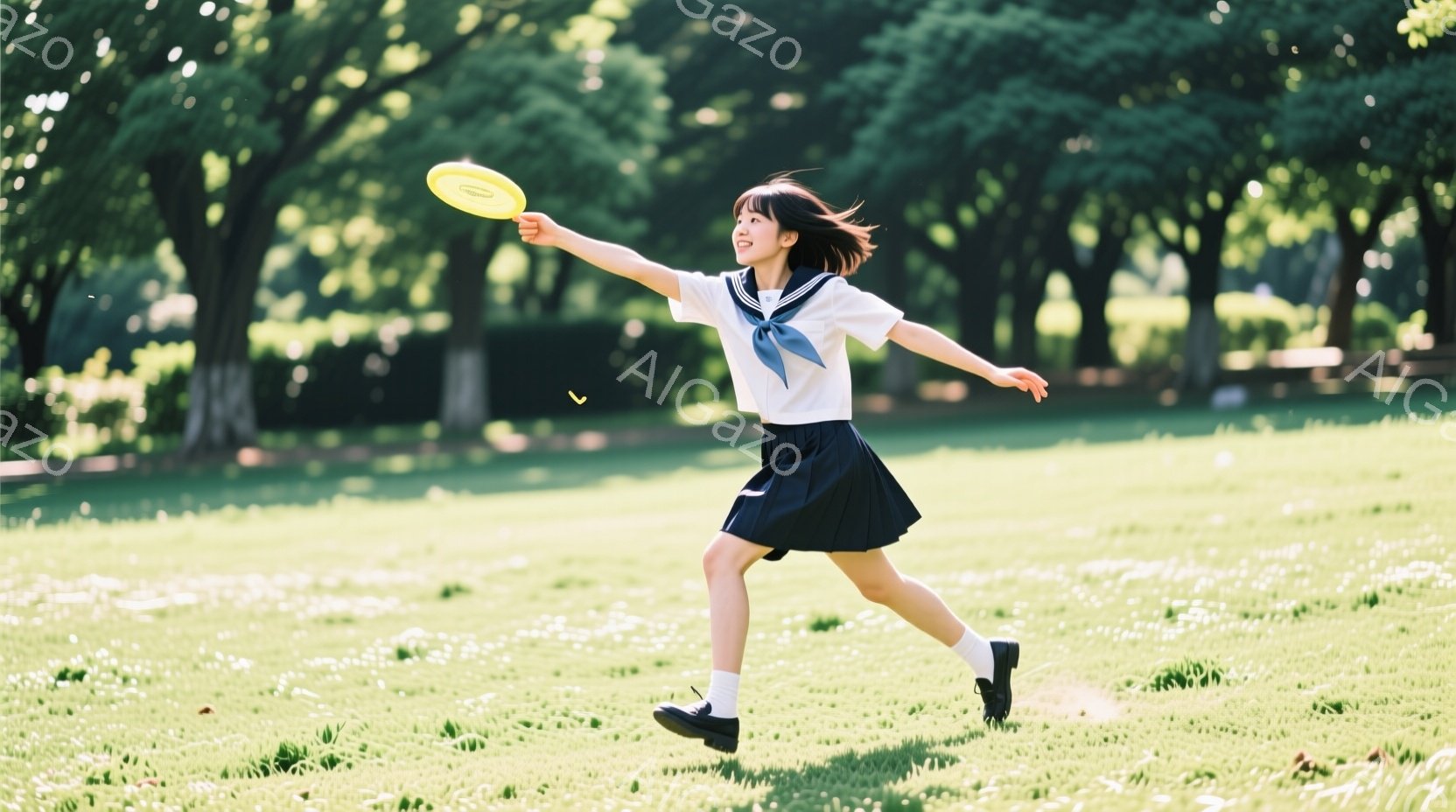緑豊かな公園で、セーラー服を着た少女がフリスビーを投げようとしている瞬間を捉えた写真です。彼女は長い髪をなびかせ、右手を高く上げ、楽しそうな表情をしています。背景には木々が生い茂り、晴天の下、明るく爽 - AI生成フリー素材