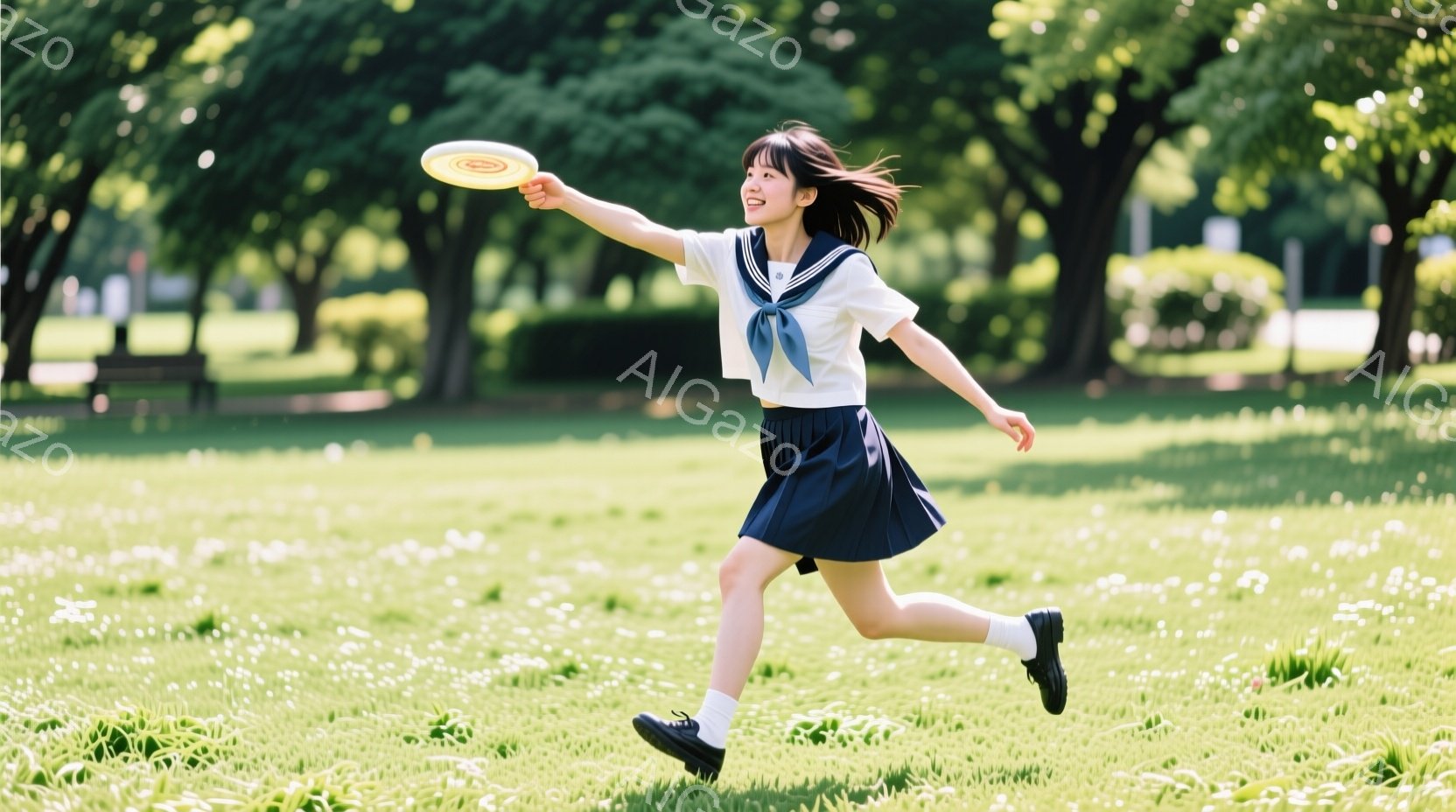 制服を着た若い女性が、緑豊かな芝生の上を走り、フリスビーを投げようとしているところです。彼女は白いブラウスと濃い青色のプリーツスカート、そしてリボンで飾られたセーラーカラーの制服を着ており、黒い靴を履 - AI生成フリー素材