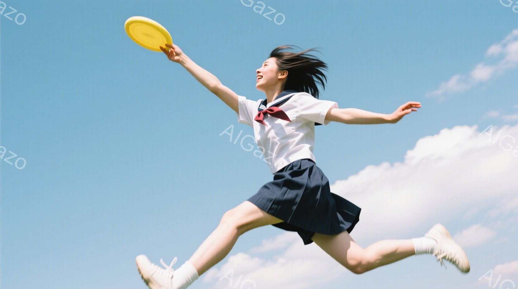 美少女が空を飛び出すように、手で黄色のディスク（フレーズ）を抱えて笑顔である。彼女は学校教師であり、その服装と髪型は典型的な日本の学生のものである。背景には青空があり、雲が空を満たしている。彼女の表情と動作から、楽しさや自由さが感じられます。