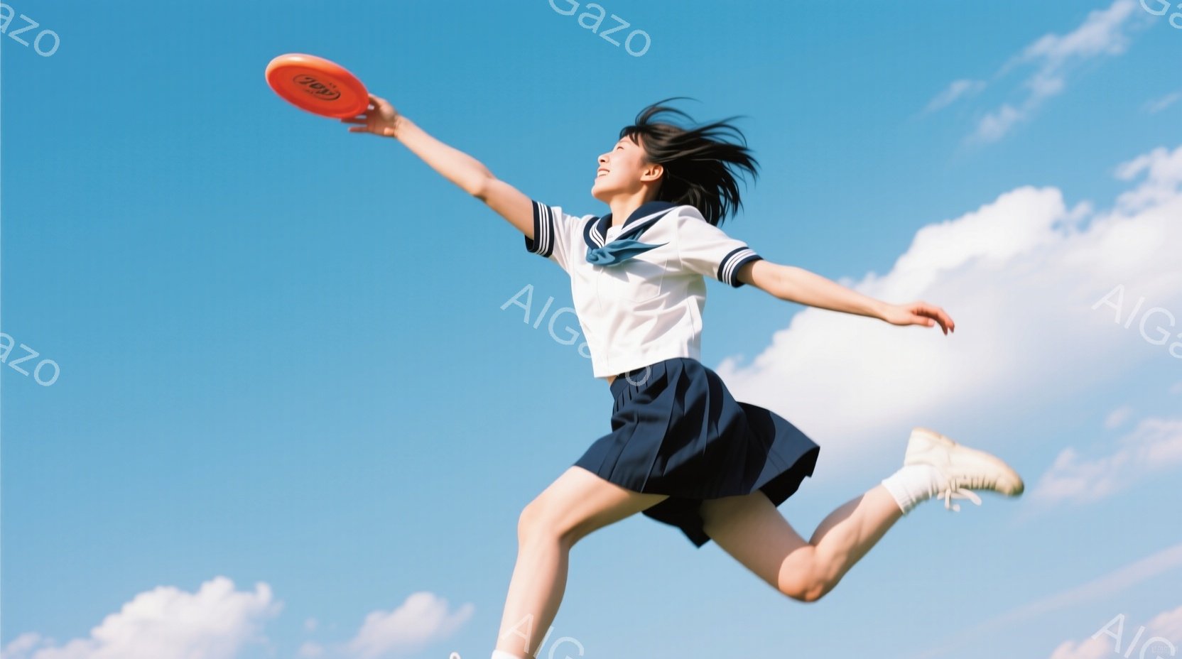 紺色のセーラー服とスカート、白いスニーカーを身に着けた少女が、青空を背景にジャンプしている。彼女は片手に赤いフリスビーを持っており、明るい笑顔を浮かべている。背景には白い雲が広がり、爽やかで躍動感のあ - AI生成フリー素材