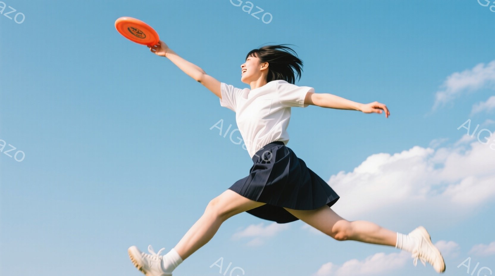 空を背景に、制服を着た若い女性がディスクを投げようとしている瞬間を捉えた写真です。彼女は膝丈のプリーツスカート、白いシャツ、スニーカーを着用し、髪は後ろでポニーテールに結ばれています。空は晴れで、彼女 - AI生成フリー素材