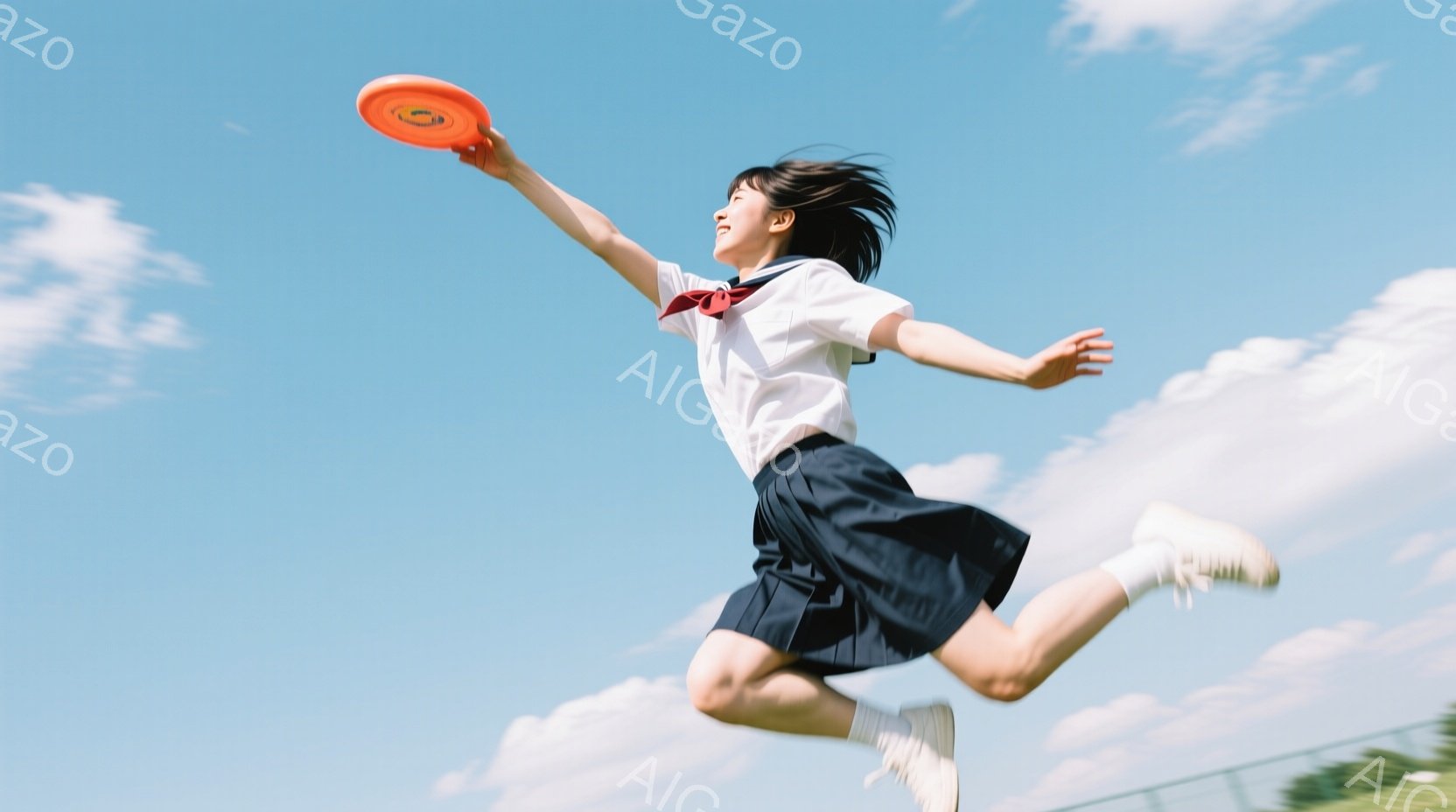 制服姿の少女が、空中でフリスビーを投げる躍動的な瞬間を捉えた写真です。短い黒髪で、笑顔が印象的で、白いシャツに黒いスカート、そして白いスニーカーを履いています。背景は青空と白い雲が広がり、緑の芝生が広 - AI生成フリー素材