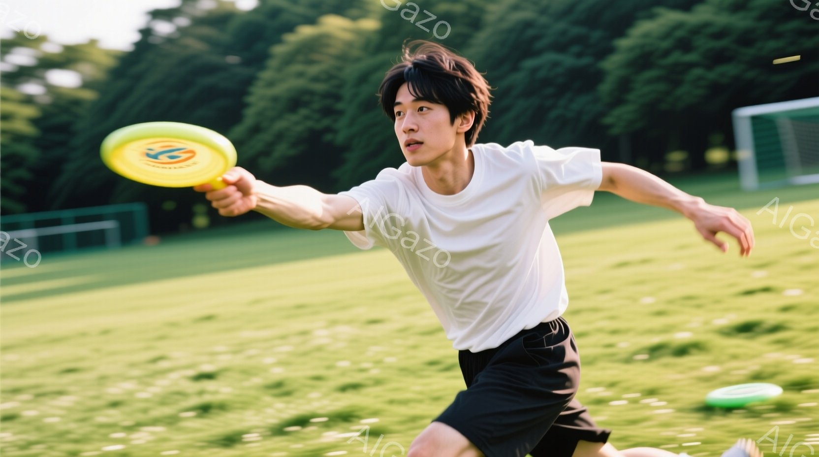 若い男性が緑の芝生の上を走りながらフリスビーを投げている。彼は白いTシャツと黒いショーツを着用し、短く整えられた黒髪をしている。背景には緑豊かな木々やサッカーゴールが見え、晴れた日の活動的なシーンを捉 - AI生成フリー素材