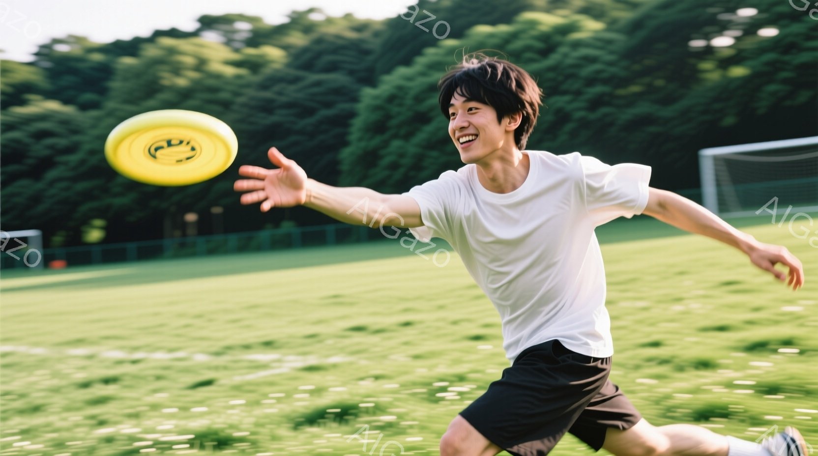 若い男性が緑の芝生の上を走りながら、黄色いフリスビーを投げているところを捉えた写真です。彼は白いTシャツと黒いショーツを着用し、髪は短く整えられ、顔には笑顔が浮かんでいます。背景には緑豊かな木々とサッ - AI生成フリー素材