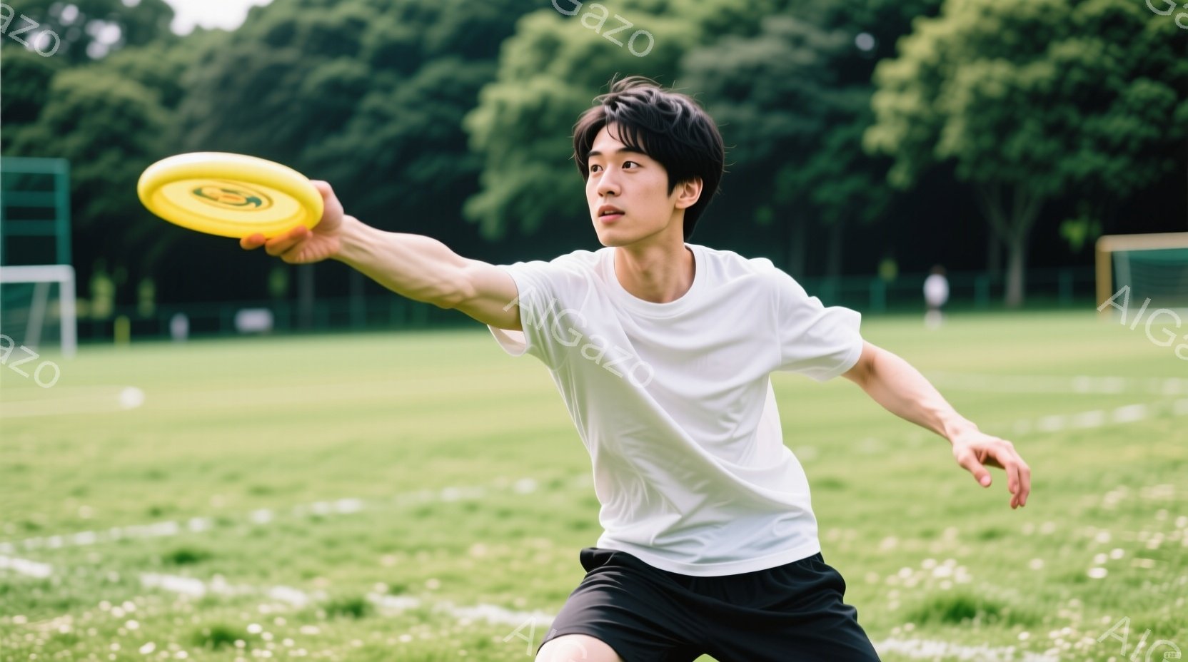 若い男性が緑の芝生の上でフリスビーを投げているところを捉えた写真です。白いTシャツと黒いショーツを着用し、少し長めの黒髪が特徴的です。背景には緑豊かな木々が見え、晴天の下でアクティブな一日を楽しんでい - AI生成フリー素材